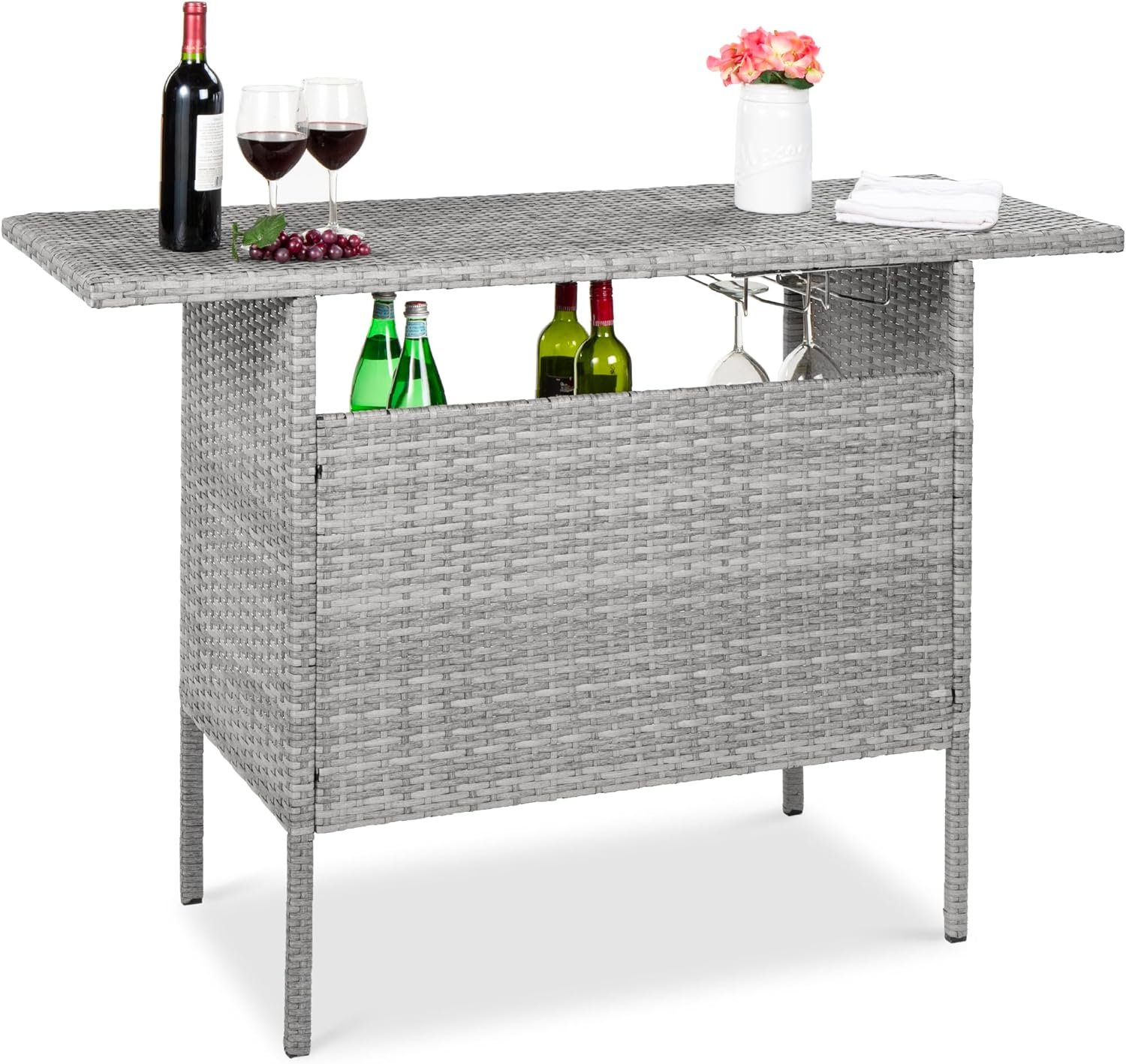 Best Choice Products Outdoor Patio Wicker Bar Counter Table Backyard Furniture w/ 2 Steel Shelves and 2 Sets of Rails – Gray