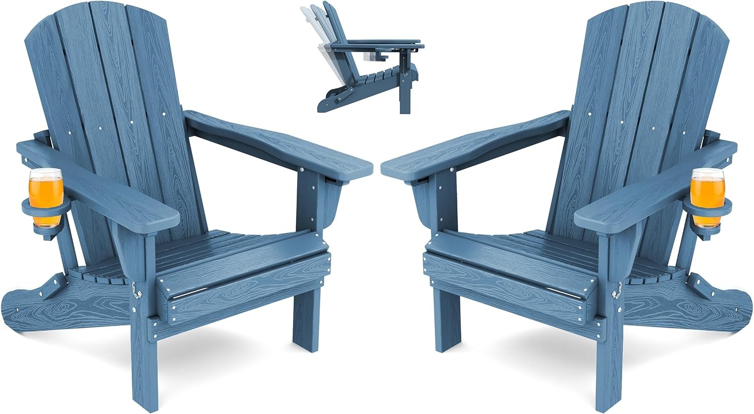 SERWALL Folding Adirondack Chair Set of 2, Adjustable Adirondack Chair with 3 Recline Positions, All Weather HDPE Outdoor Adirondack with Cup Holders, Blue