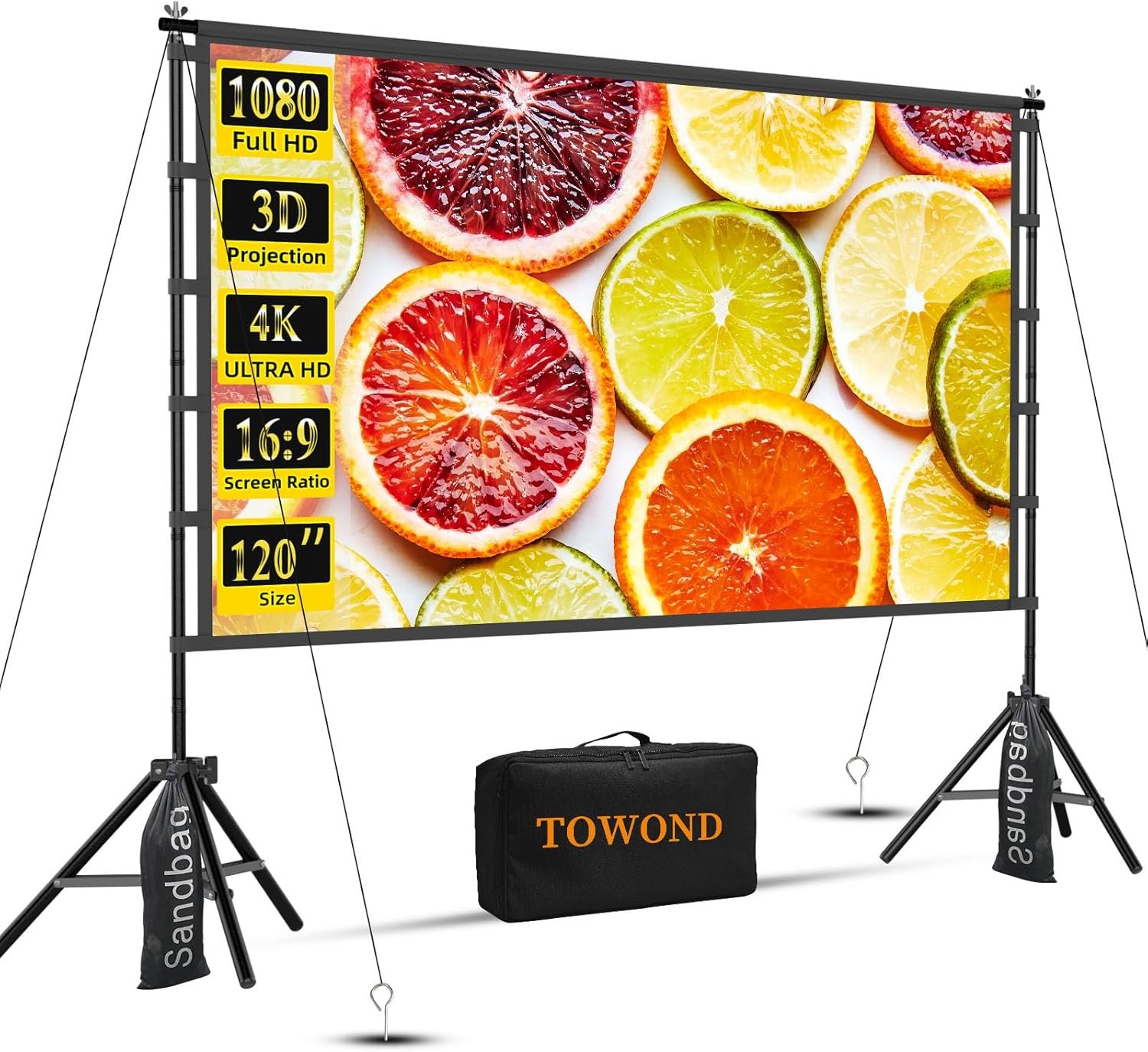Outdoor Projector Screen with Stand, TOWOND 120 inch Portable Movie Screen, 16:9 HD Foldable Anti-Crease Projection Screen with Carry Bag for Sports Viewing Parties Support Double Sided