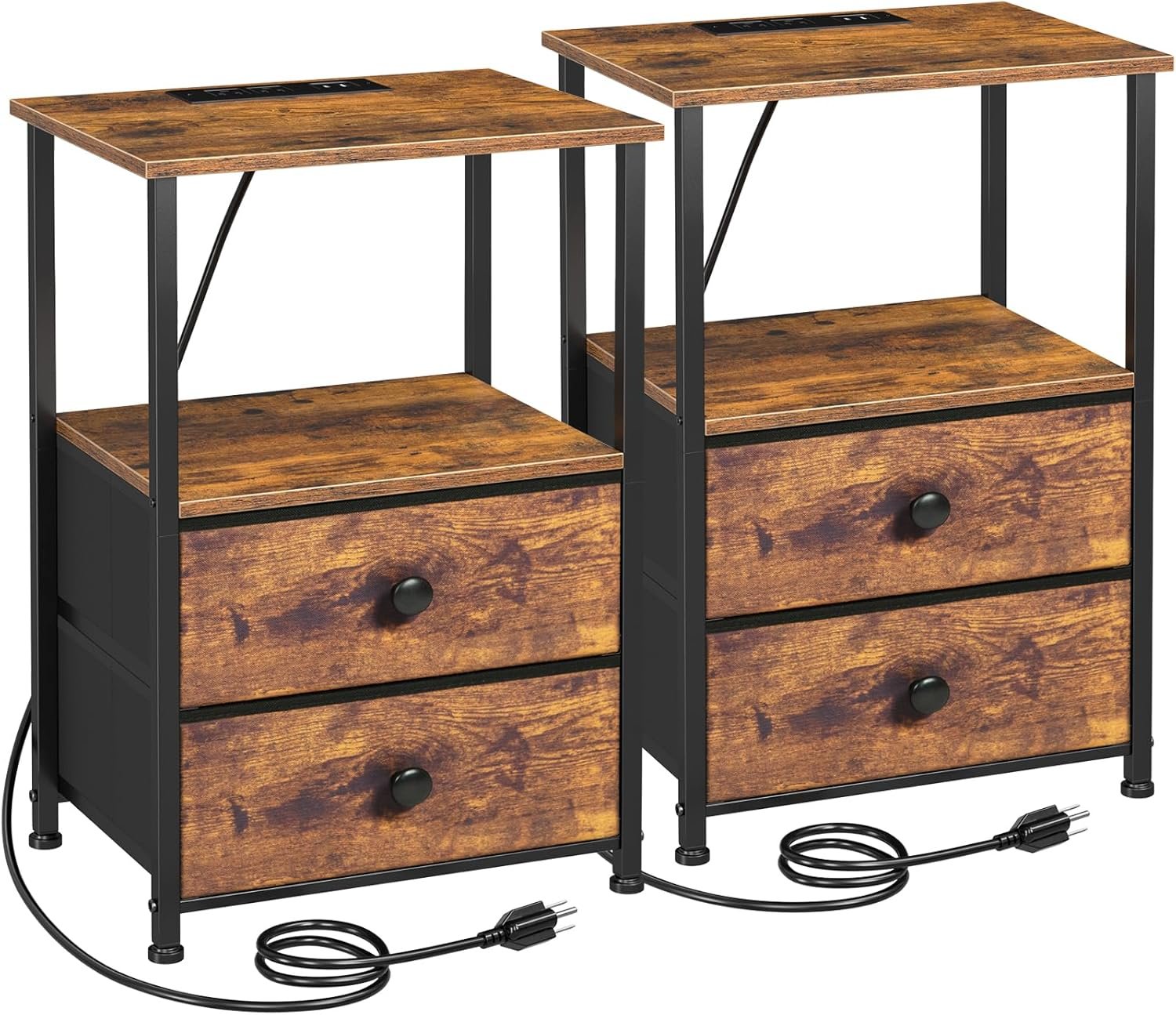 LOAKEKEL Nightstands Set of 2, Night Stand with Charging Station, End Tables with Storage Shelf for Small Spaces, Bedside Table with 2 Fabric Drawers for Bedroom, Rustic Brown, HETS020PBR