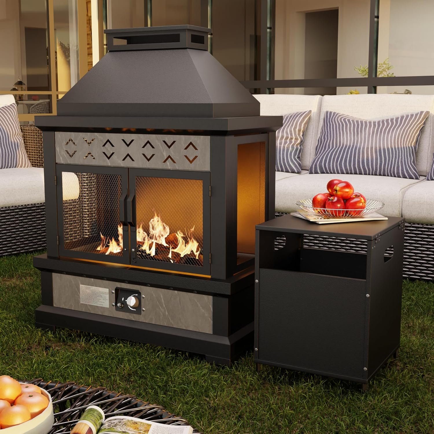 47.3”x35.5” Outdoor Propane Fireplace, 50,000 BTU Vent-Free Gas Heater, CSA Certified Grey & Black Weather-Resistant Steel, Realistic Ceramic Logs, Rain Cover Included