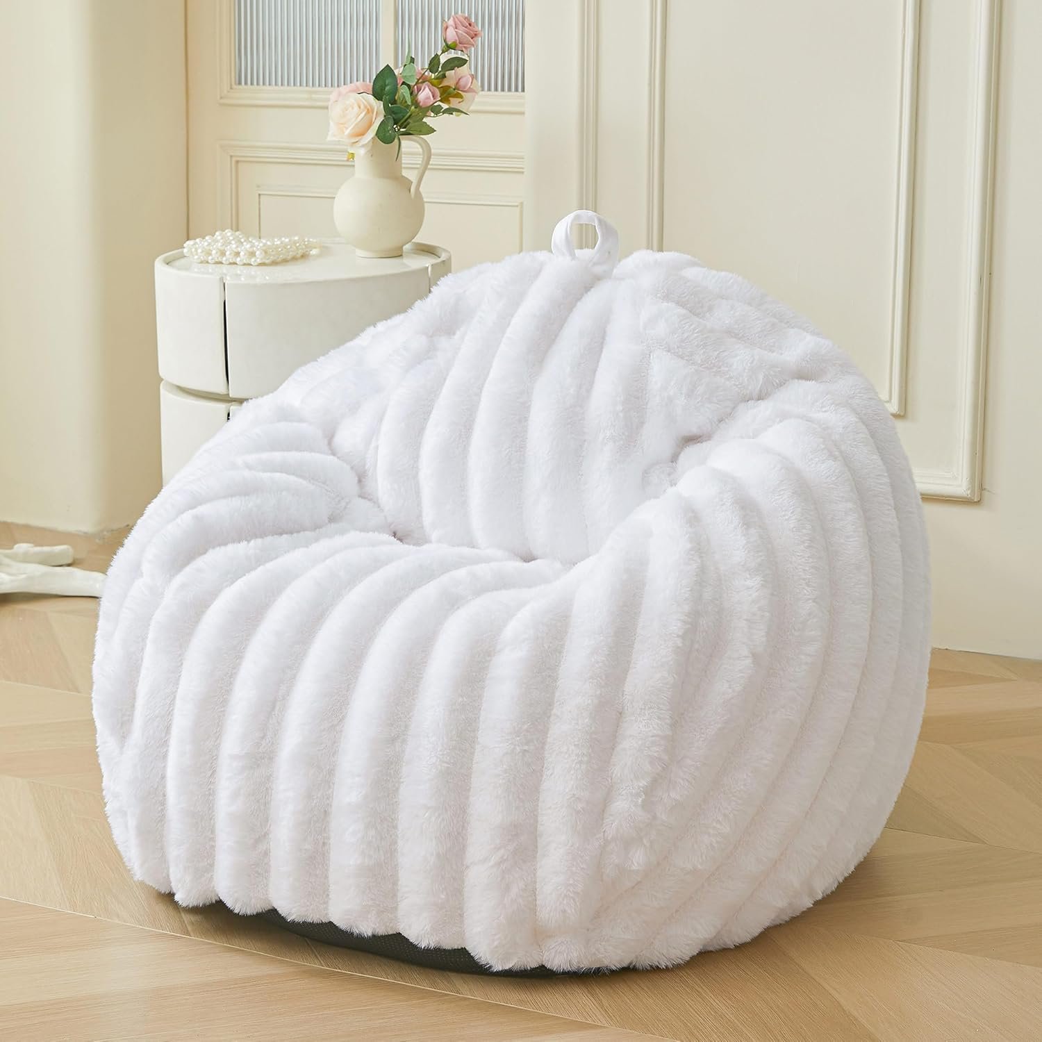 MEGO Kids Fluffy Faux Rabbit Fur Bean Bag Chair Cover(No Filler), Luxury Shaggy Wide Striped Stuffed Animal Storage Bean Bag for Plush Toys, Fuzzy Home Decor Beanbag Cover Kids Teens Adults, White