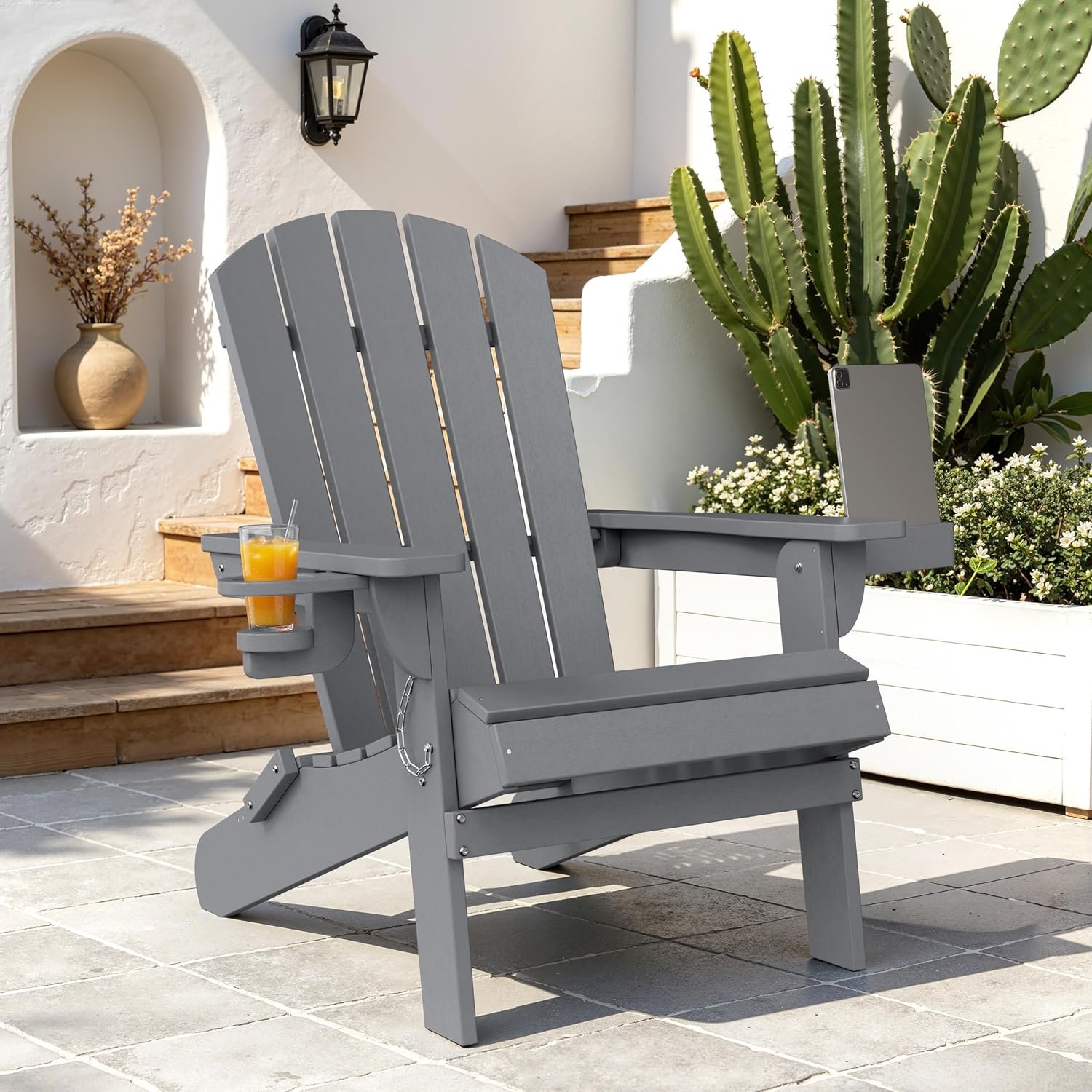 Vongrasig Folding Adirondack Chair, Outdoor Fire Pit Chair HDPE Plastic Weather Resistant Adirondack Chair with Cup Holder for Patio, Poolside, Deck, Garden, Dark Grey