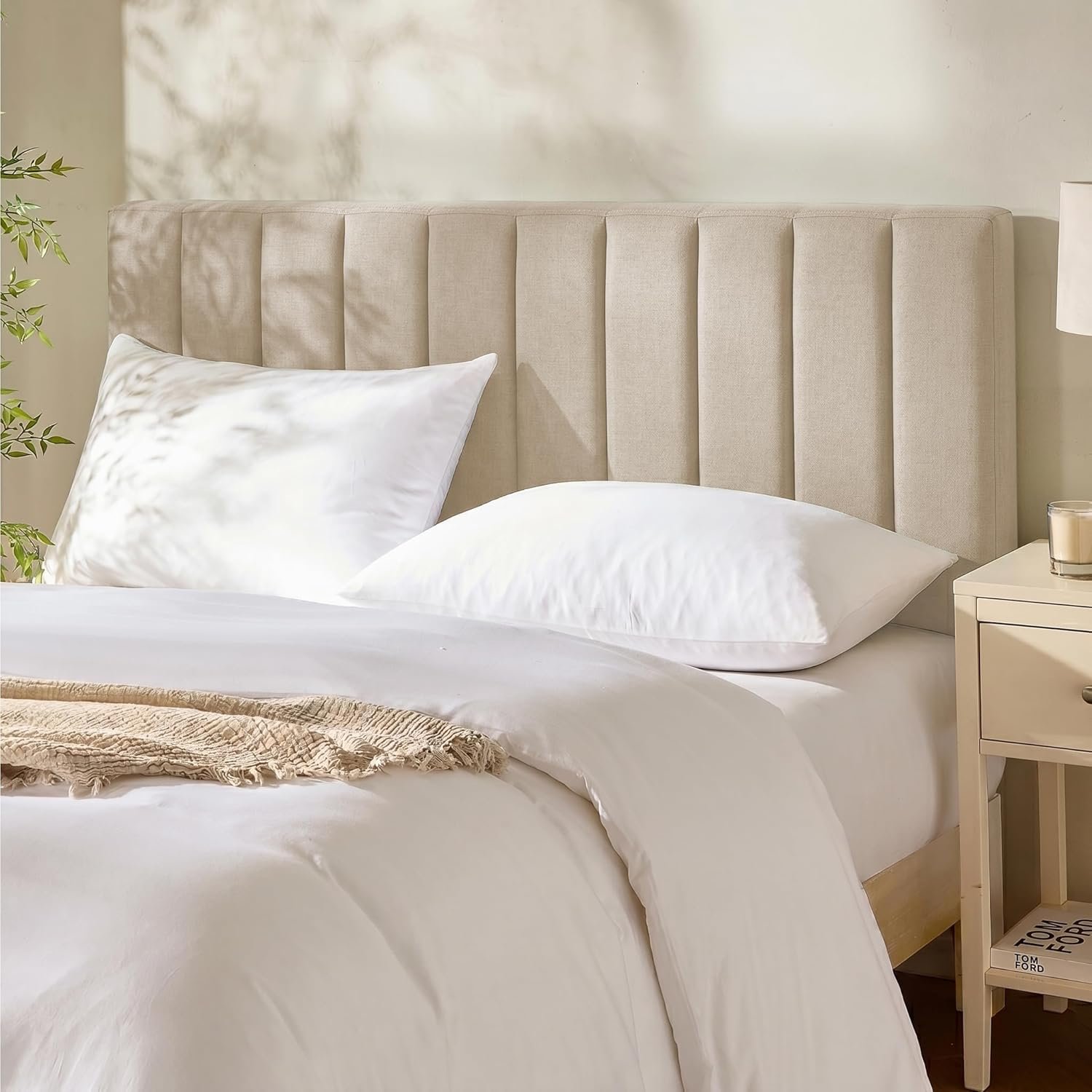 Hearth & Harbor Upholstered Queen Headboard – Easy Assemble Channel Stitched Headboard Queen Size – Wall Mounted Headboards with 3D Soundproof Wall Panels Peel & Stick Floating Headboards, Beige