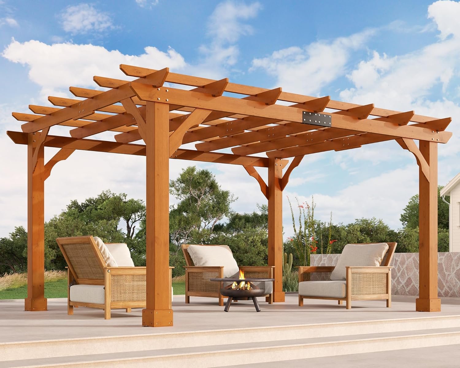 Jocisland 10×12 FT Premium Cedar Wood Pergola with Trellis Roof & Weather-Resistant Support, Outdoor Pergola Kit with Stakes, Garden Gazebo for Patio, Backyard & Events, Reddish-Brown
