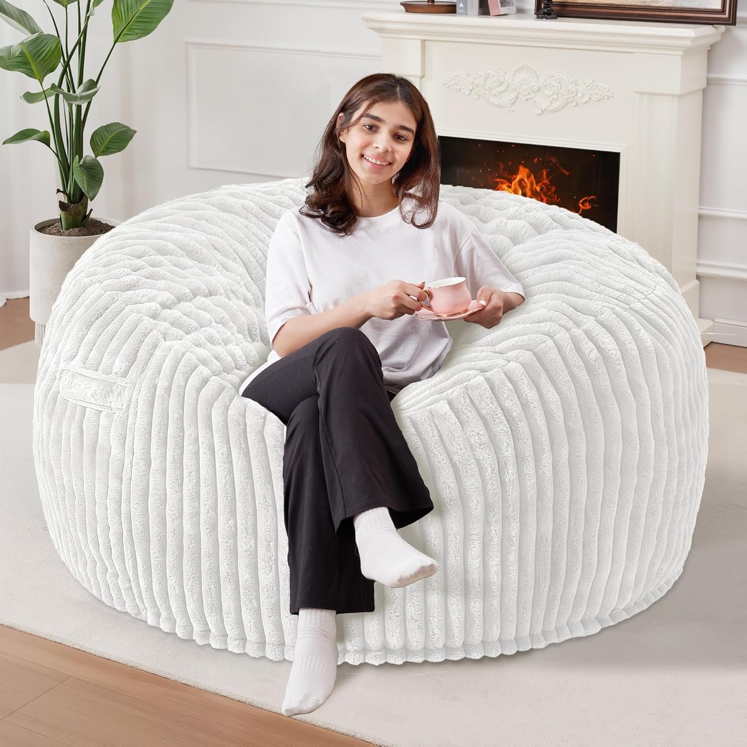 Homguava 3 FT Bean Bag Chair,3′ Big Bean Bag,Large Bean Bag Chairs for Adults with Memory Foam Filled,Comfy Beanbag Chairs Soft Bean Bag Sofa with Dutch Corded Plush Cover-Beige