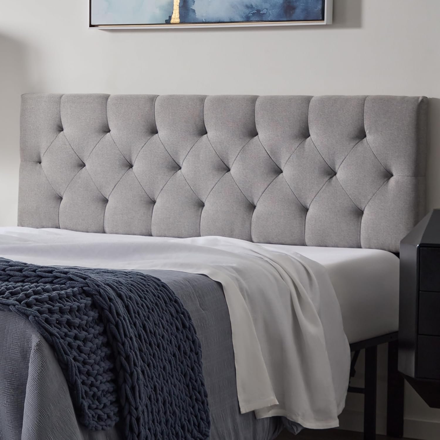 Lucid Mid-Rise Upholstered Headboard – Diamond Tufted – Padded Polyester – Adjustable Height from 34” to 46” – Easy Assembly – Bed Frame or Wall Mount – Sturdy – Stone – Full / Full XL Size