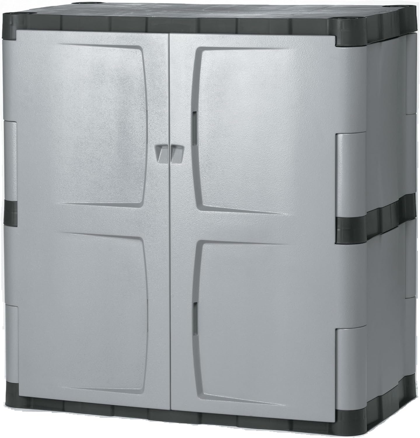 Rubbermaid Freestanding Storage Cabinet with Doors 18″D x 36″W x 37″H Medium Gray/Black Two-Shelf Lockable Cabinet for Indoor/Outdoor/Garage Storage for Garden Tools/Lawn Care Accessories