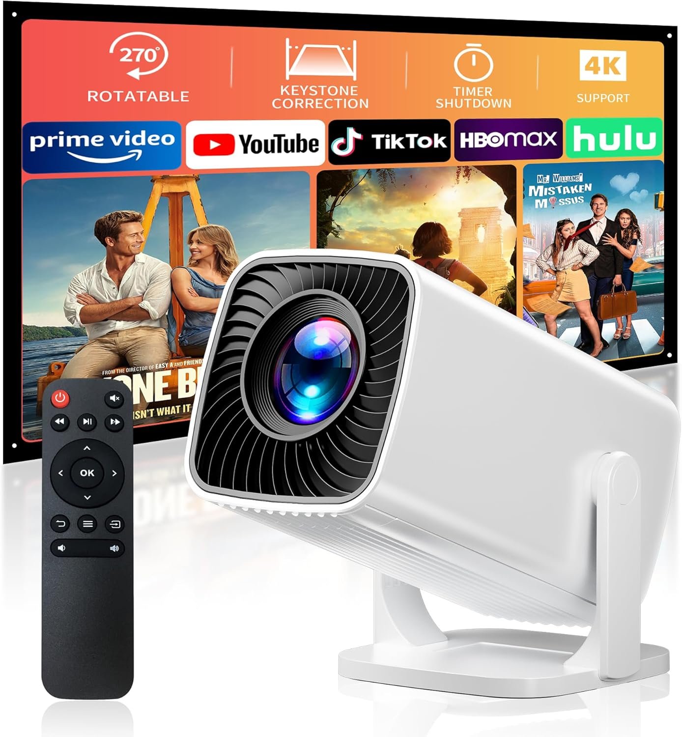 Mini Projector with 4K Support, Portable Projector with Electric Focus & Keystone, 270° Rotatable Stand, Short Throw Home & Outdoor Movie Projector Compatible with TV Stick, Phone & Laptop