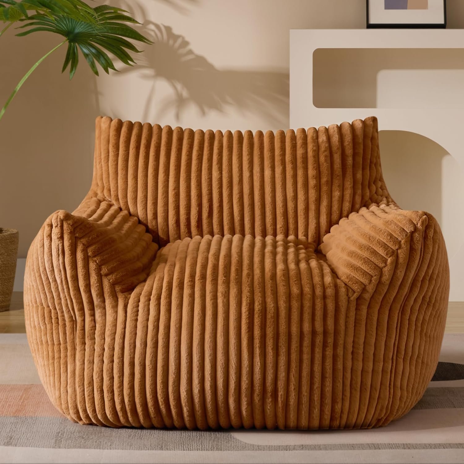 Giant Plush Bean Bag Chair for Adults with Armrests – Oversized Comfy Orange Beanbag Lounge Lazy Floor Sofa Accent Chair for Living Room, Bedroom & Dorm, Cozy Fluffy Single Cloud Mini Couch
