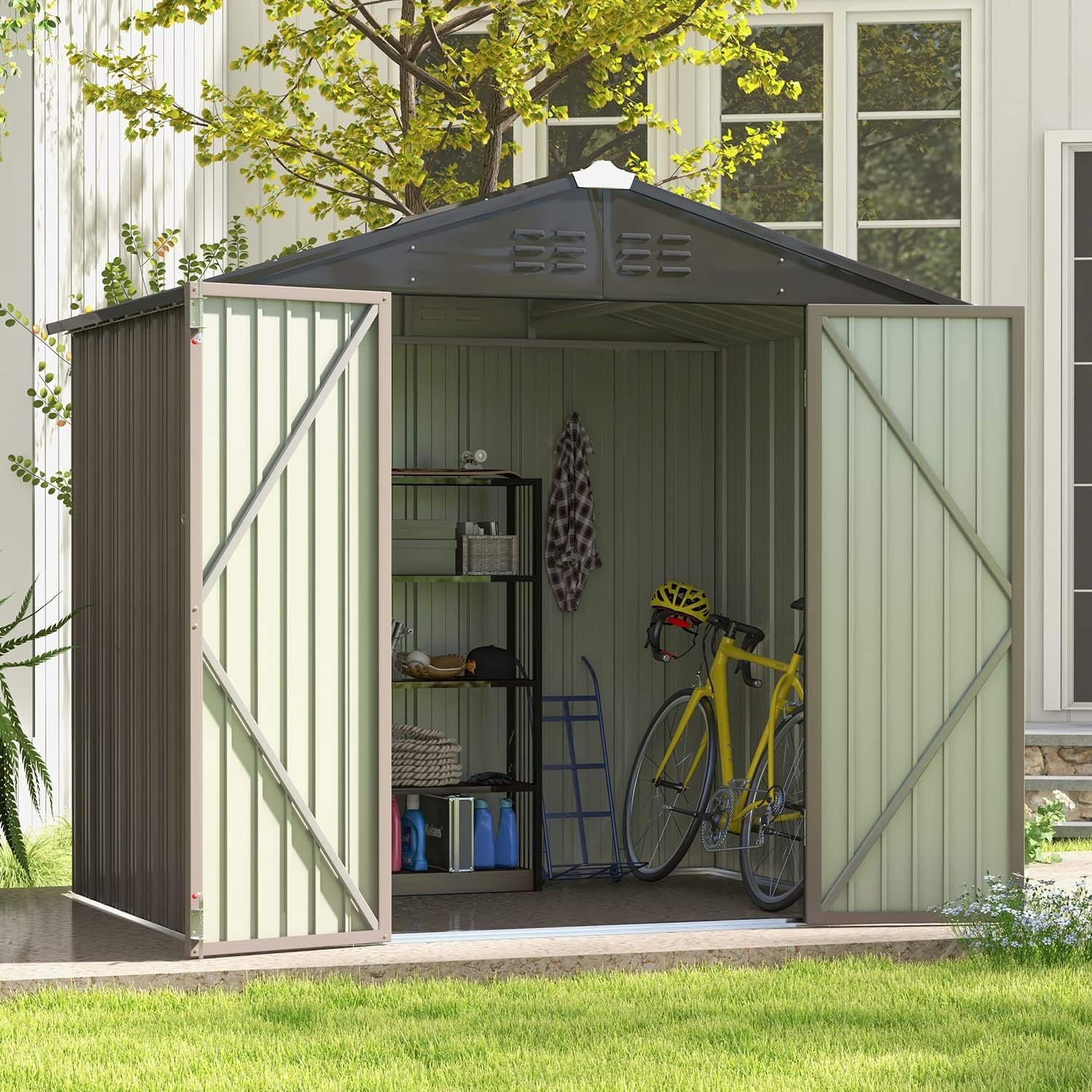 Patiowell 8×6 FT Outdoor Storage Shed, Metal Tool shed & Outdoor Storage with Lockable Doors & Air Vents, for Backyard Garden Patio, Brown
