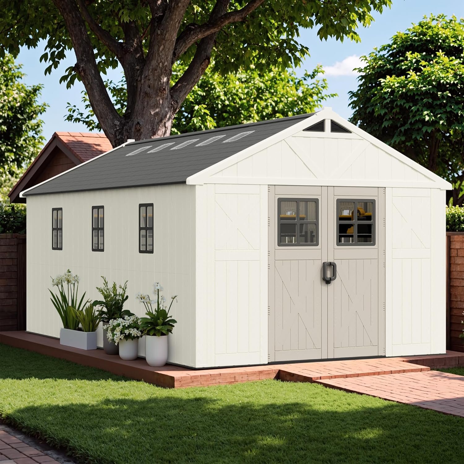 Greesum 10×16FT Plastic Outdoor Storage Shed with Floor and Lockable Door, Resin Sheds with Windows and Skylights, Organization for Garden, Lawn, Backyard, Beige