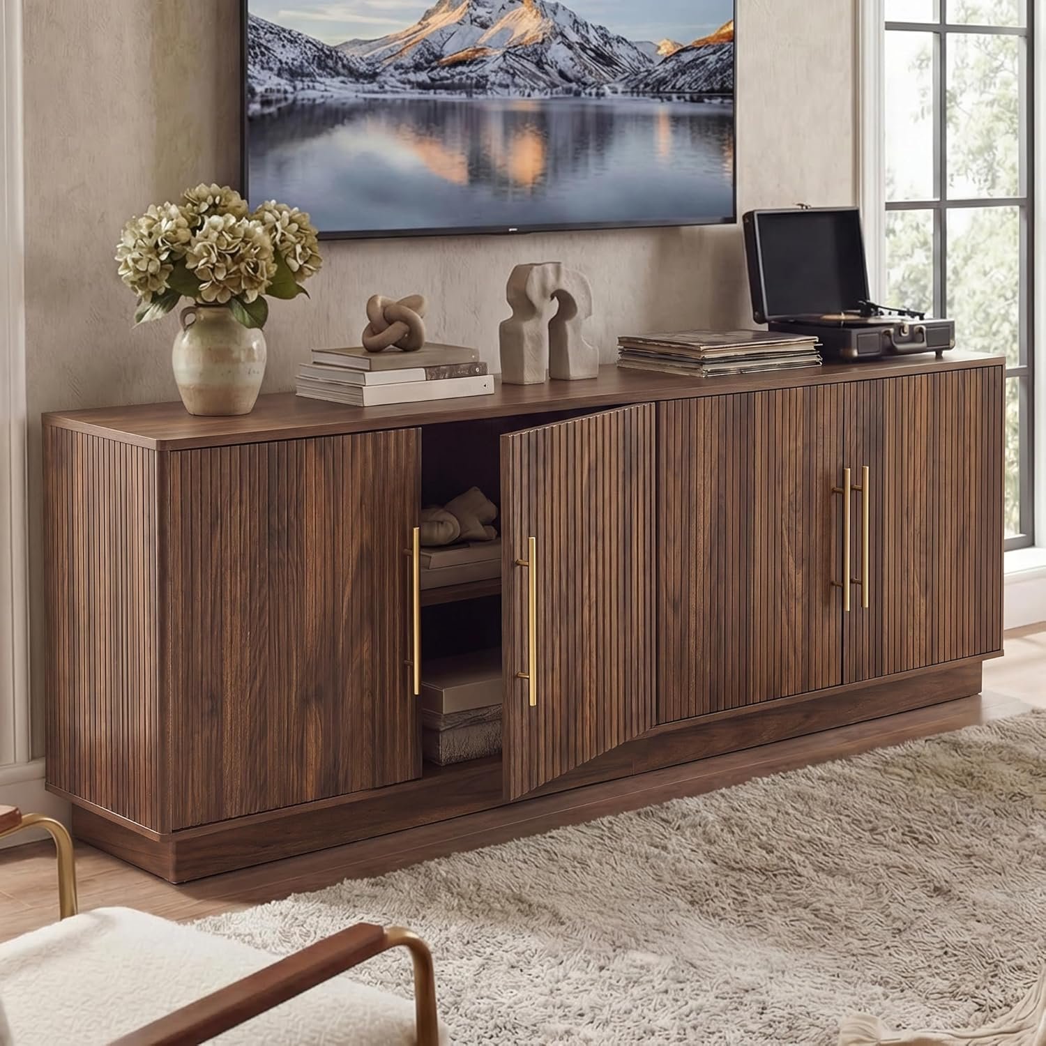 YITAHOME TV Stand for TVs up to 80 Inches, Media Console with 4 Fluted Doors, 70″ Entertainment Center with Ample Storage for Living Room(Natural Oak)