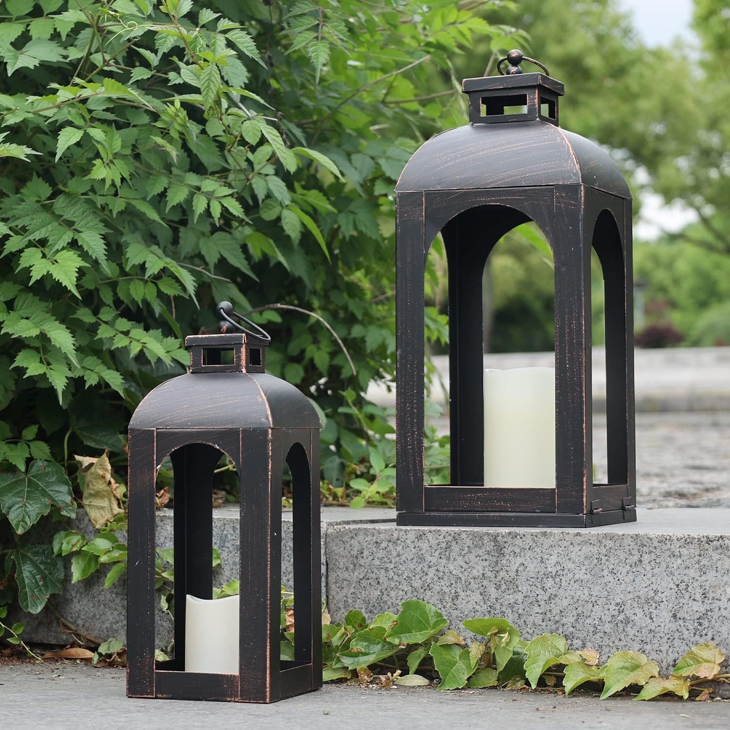 LED Lantern Decorative Outdoor&Indoor, Set of 2 (17’’&13’’) Black Metal Lanterns Decor, Vintage Hanging Candle Holder for Home Porch Wedding Halloween Christmas Decorations Battery Powered