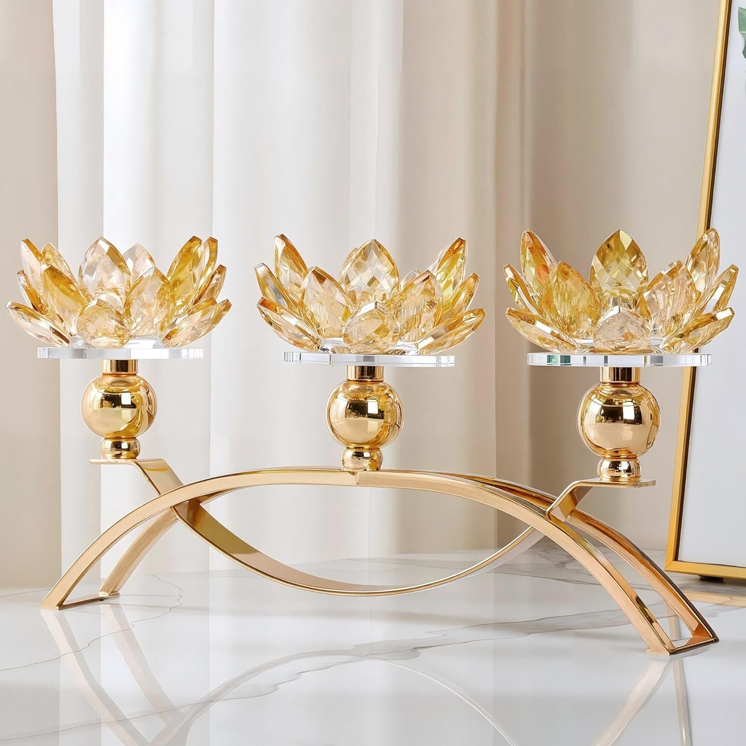 Crystal Candle Holder, 5.6″ Tall Gold Centerpieces for Tables, 3-Arm Lotus Candelabra, Home Decor for Wedding, Dining Room, Coffee Table and Living Room (10.5″ L, Fits Tealight Candles)