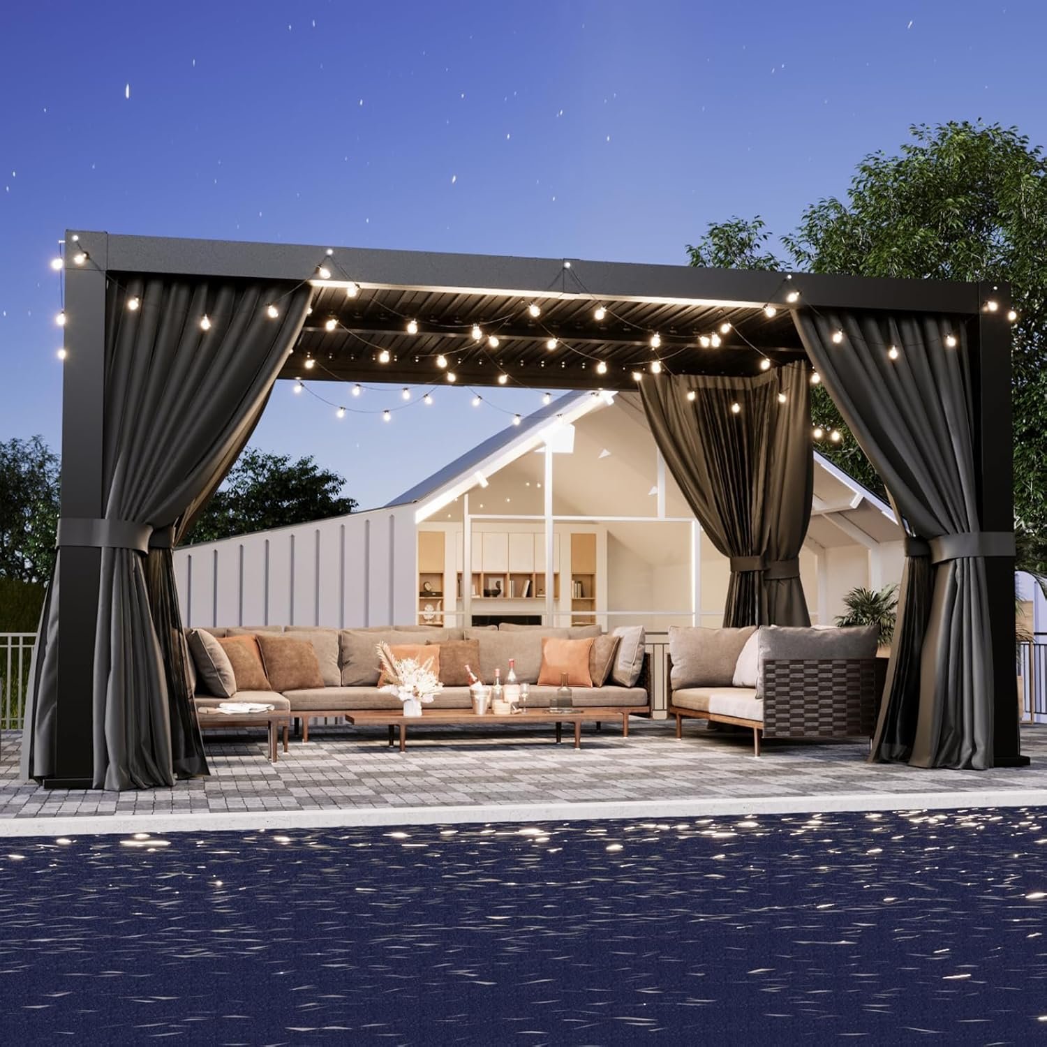 Aoxun Louvered Pergola 10×12 All-Aluminum Outdoor Gazebo with Independent Adjustable Roofs, Waterproof Curtains and Netting, Integrated Drainage System for Patios & Backyard