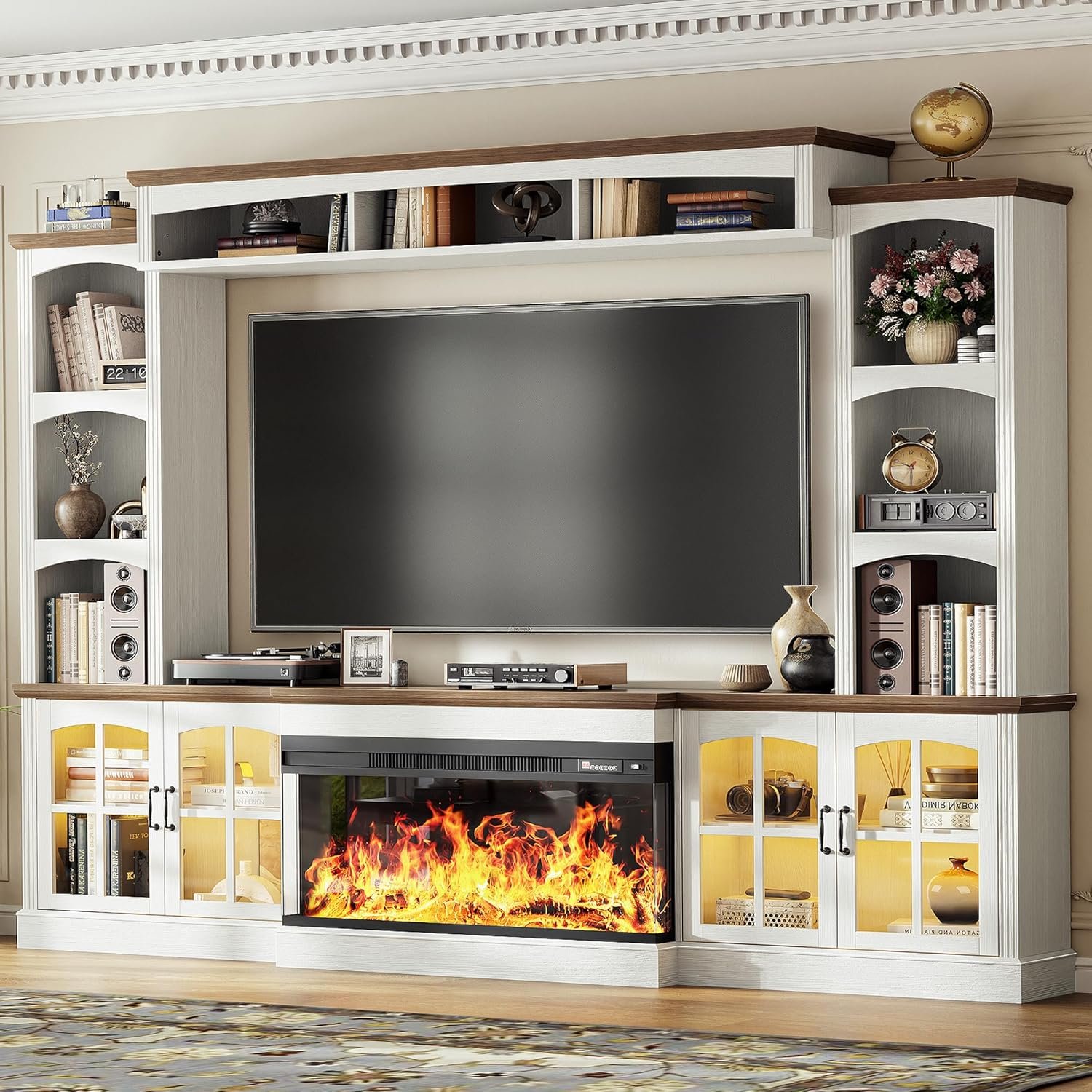 98″ Farmhouse TV Stand with 36″ Electric Fireplace, Bookshelves, Fits 75″ TVs, Entertainment Center with Storage Cabinet, Large Wall Unit Media Console for Living Room, White