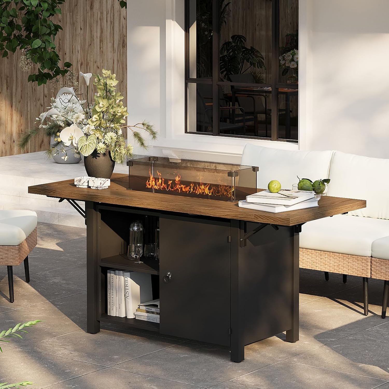 55″ Propane Fire Pit Table,50000btu Gas Fire Pit Table with Brown Windshield & Lava Rock,2 in 1 Foldable Expansion Table Fire Pit with CSA Certification, Firepit Table for Outdoor, Patio