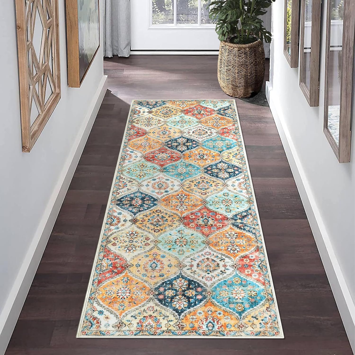 ROYHOME Runner Rug Washable Moroccan Trellis Hallway Runner Rug Entryway Rug, Stain Resistant Non-Slip Vintage Distressed Bedroom Rug Runner Entrance Carpet for Laundry Kitchen, Cream, 2′ x 6′