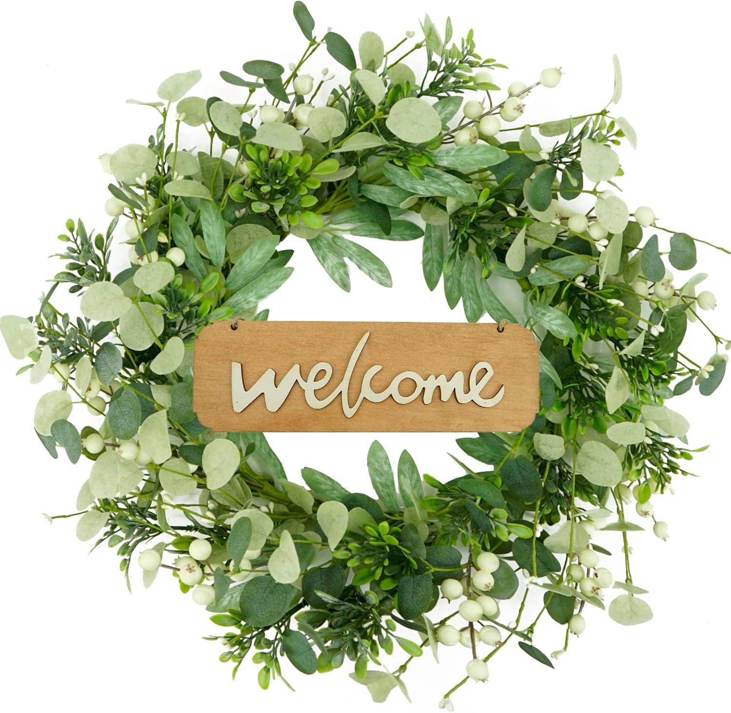 WreathDream Eucalyptus Wreaths for Front Door Spring Summer Fall Wreath with Welcome Sign,Eucalyptus Leaf,Olive Leaves,Berry for Front Door Farmhouse Indoor Outdoor Festival Porch Home Decor