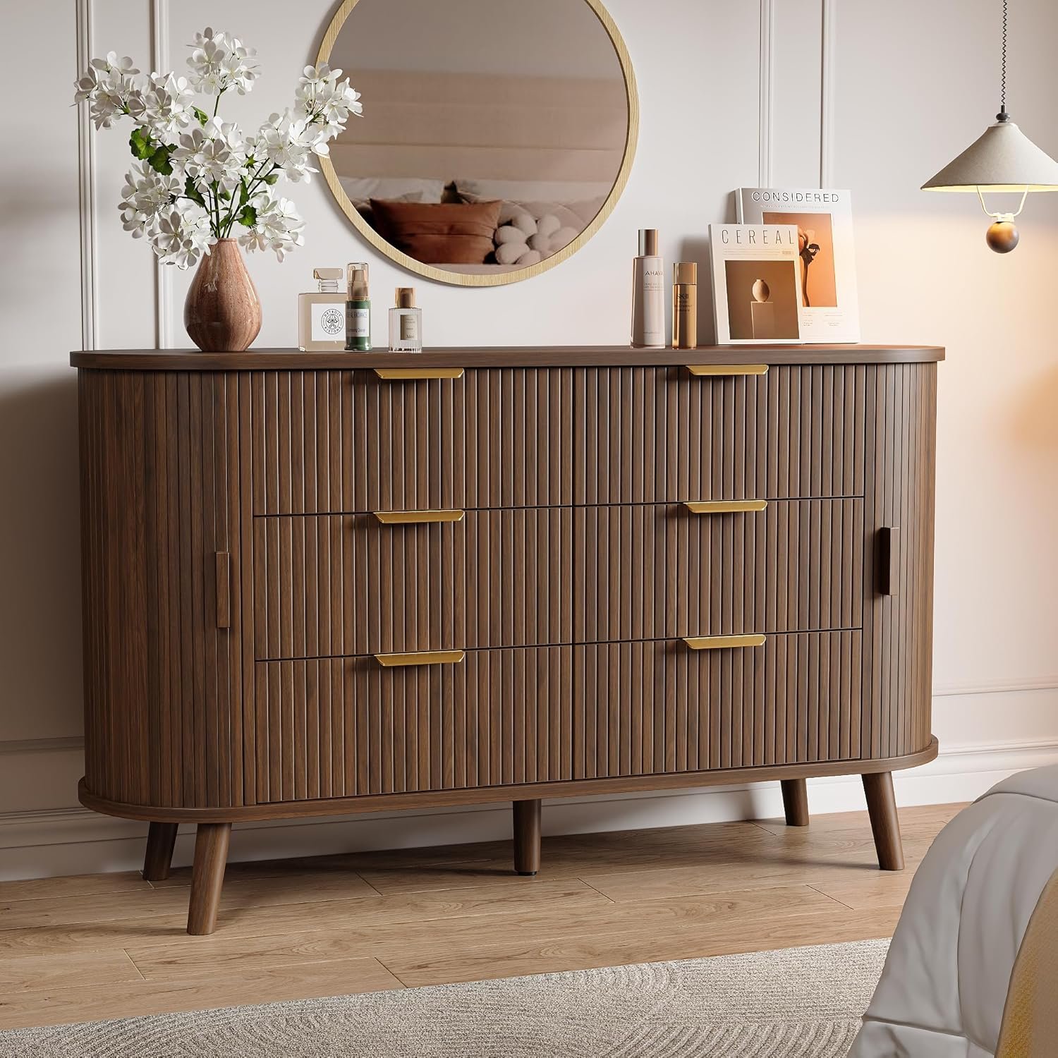 Decofy Fluted 6 Drawers Dresser, 55” Wide Mid Century Modern Chest of Drawers with Sliding Door & Metal Handles, Curved Profile & Sturdy Legs, Wood TV Stand for Bedroom, Living Room (Walnut)