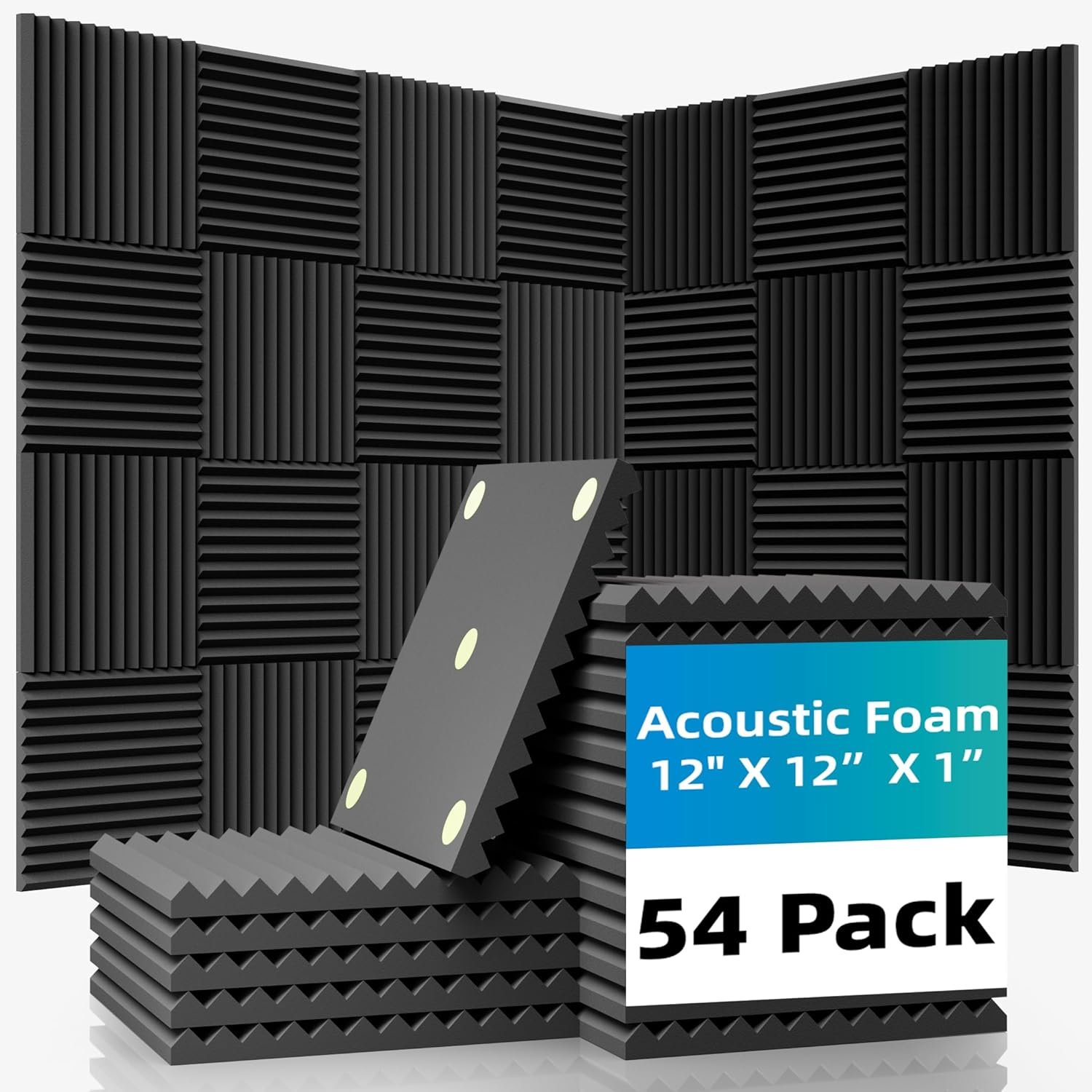 54 Pack Sound Proof Foam Panels |12″×12″×1″ Quick-Recovery Soundproof Wall Panels | High Density Sound Dampening Panels for Home Studio |With Adhesive Stickers 270PCS