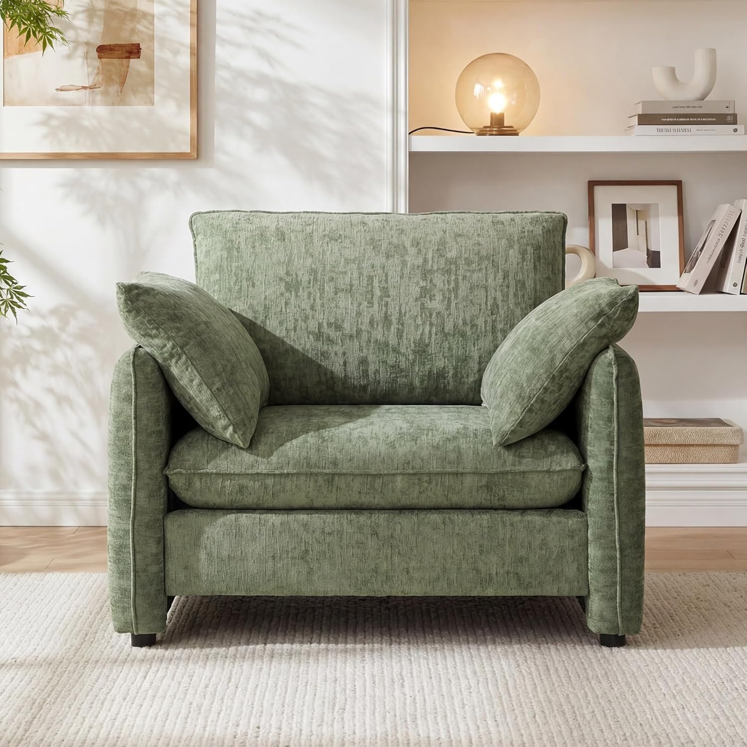 Elegant Oversized Accent Chair, 42.1″ Upholstered Modern Piping Single Armchair with Ergonomic Backrest and 2 Pillows for Living Room, Bedroom, Chenille, Green