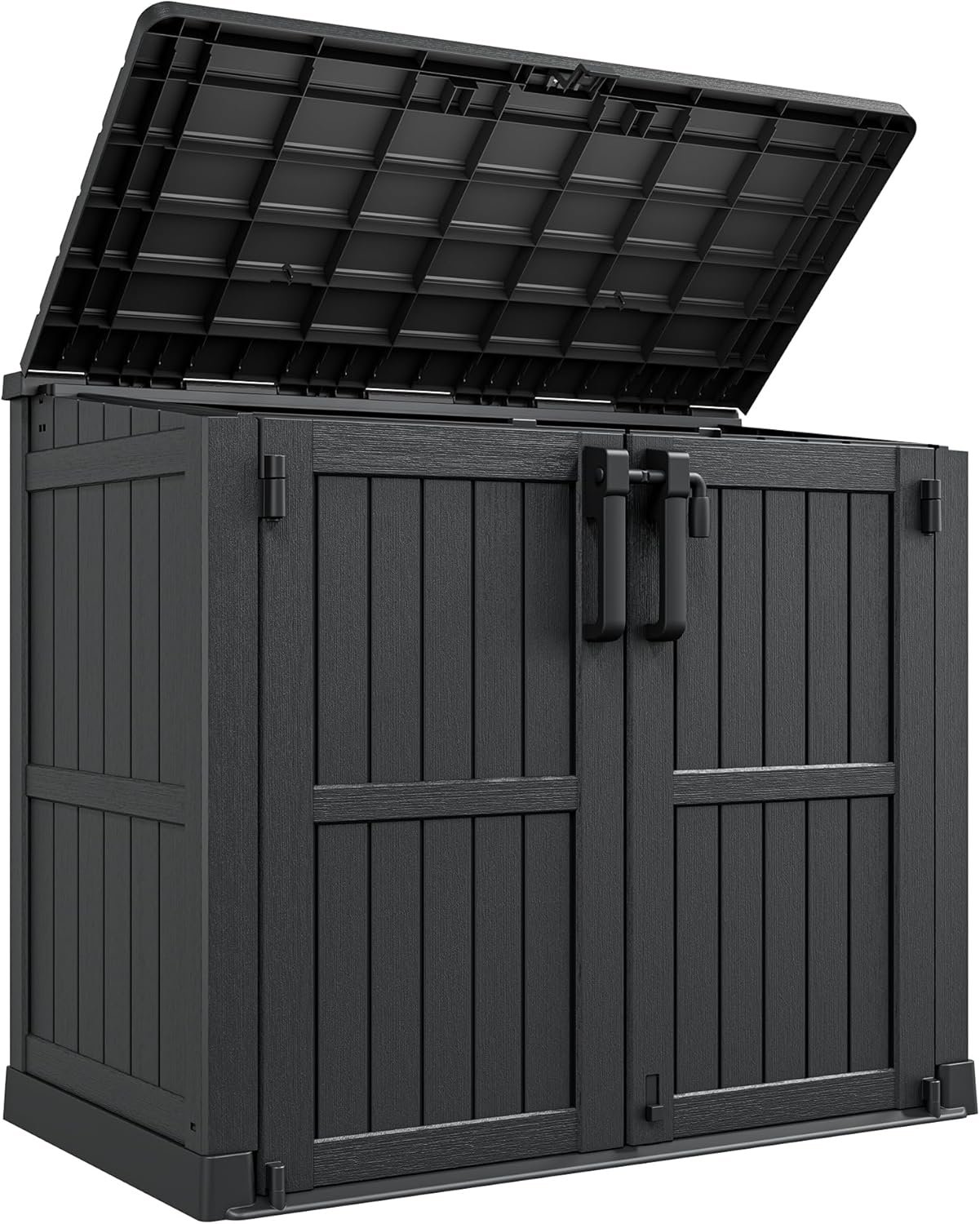 LHBcraft Outdoor Storage Cabinet 36 Cu Ft with Lockable Doors, Portable Horizontal Resin Storage Shed – Easy to Assemble, Waterproof Small Storage Shed with Floor Black