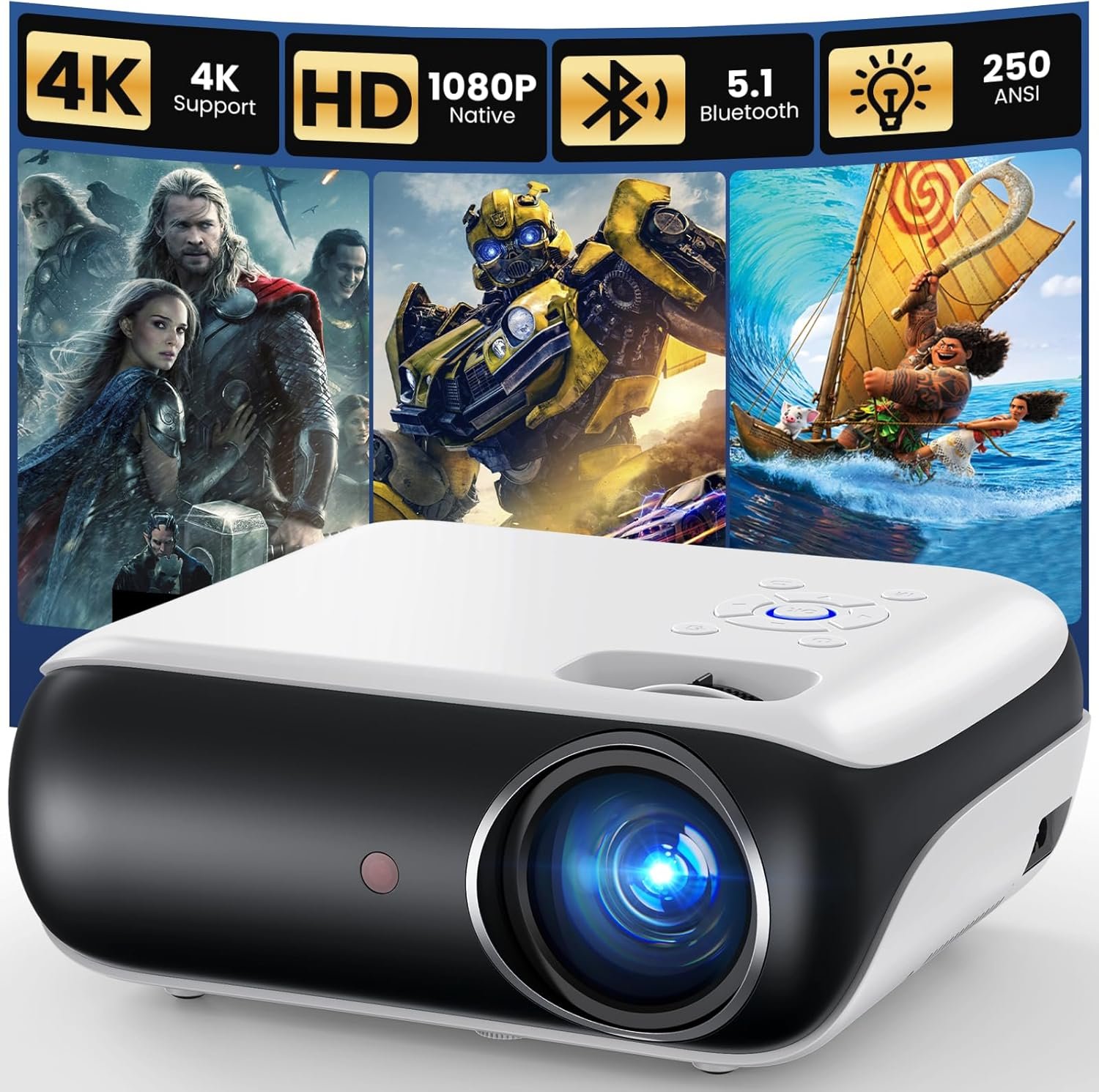 HAPPRUN Native 1080P Projector, Bluetooth Home Theater Movie Projector with Built-in Speaker, Compatible with Smartphone, HDMI, Fire Stick, PS5, Indoor & Outdoor Use – Without Google TV System