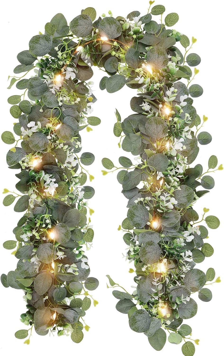 N&T NIETING 1 Pack Artificial Eucalyptus Garland with Lights, 6FT Artificial Greenery Summer Garlands, Battery Operated Twig Vine for Room Stairs Mantle Wedding Holiday Decoration Indoor Outdoor