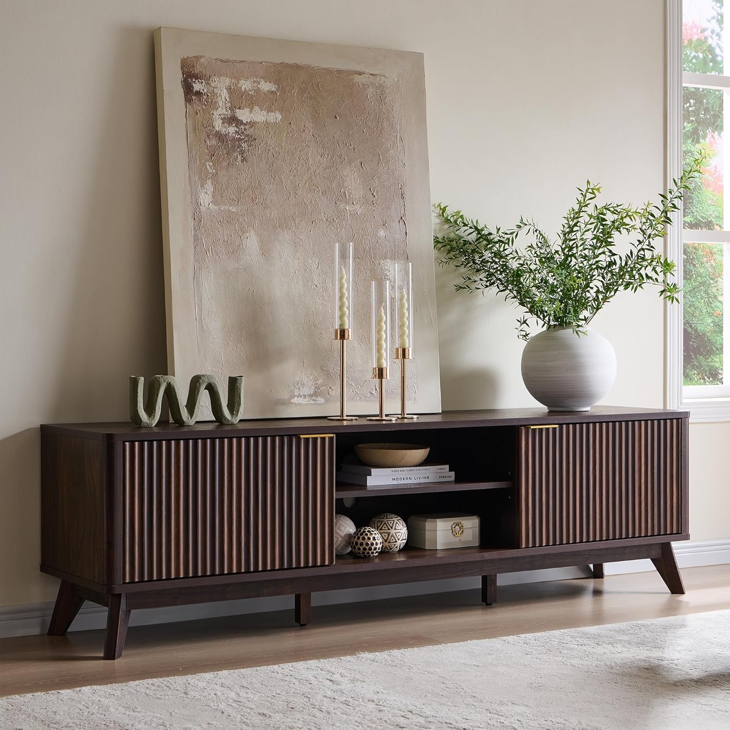 OKD 70″ Mid Century Modern Fluted TV Stand, Entertainment Center, Sideboard, Media Console for Living Room with 2 Soft Close Door/Adjustable Shelves (Dark Walnut)