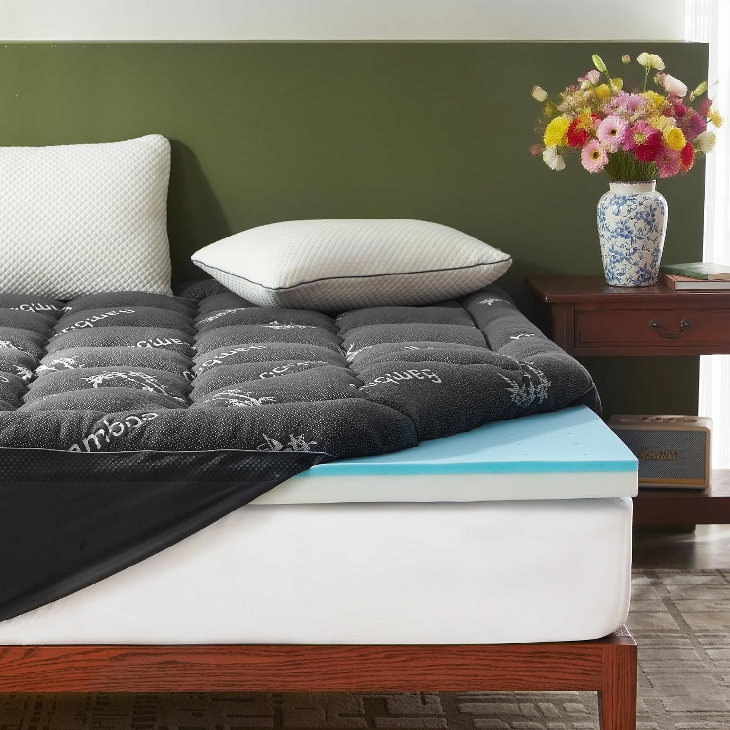 BEDLORE 4 Inch Memory Foam Mattress Topper Queen,2-in-1 Dual Layer Design (2″ Gel Memory Foam + 2″ Plush Pillow Top Cover) Mattress Topper Medium-Firm,Pressure Relief & Back Pain Support(Dark Gray)