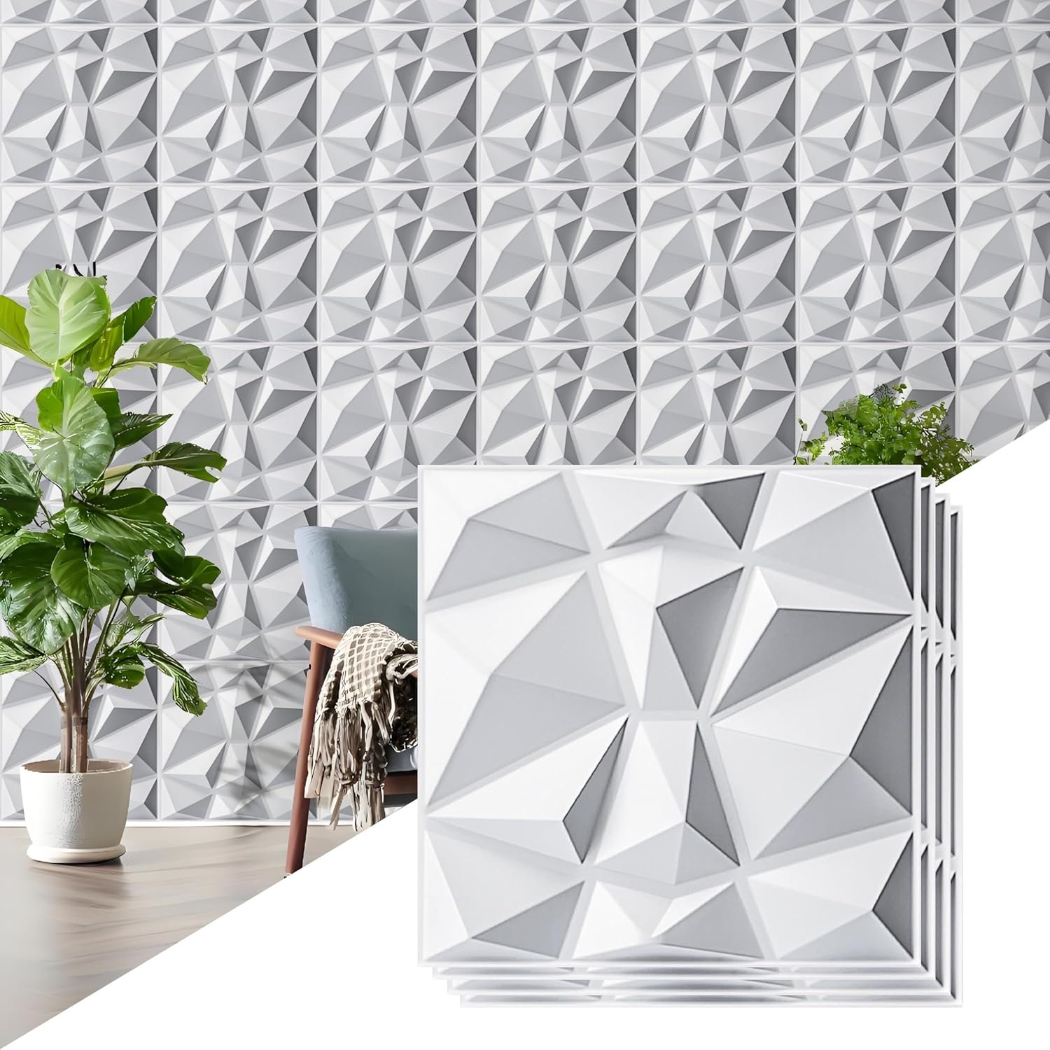AMIGO 20-Piece 3D Wall Panels Diamond Pattern, High-Strength PVC, 12”x12” Deformation-Resistant, Recyclable, Waterproof, Heat-Resistant, Odorless, Matte White