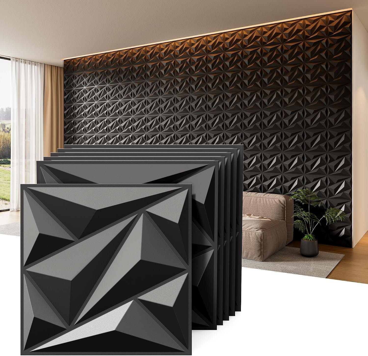 INMOZATA 3D Wall Panels, 33 Pack 12 x 12 Inch Decorative Wall Panels PVC Accent Wall Panels Diamond Textured Wall Panels for Interior Wall Decor, TV, Gaming Living Room, Bedroom Background(Black)