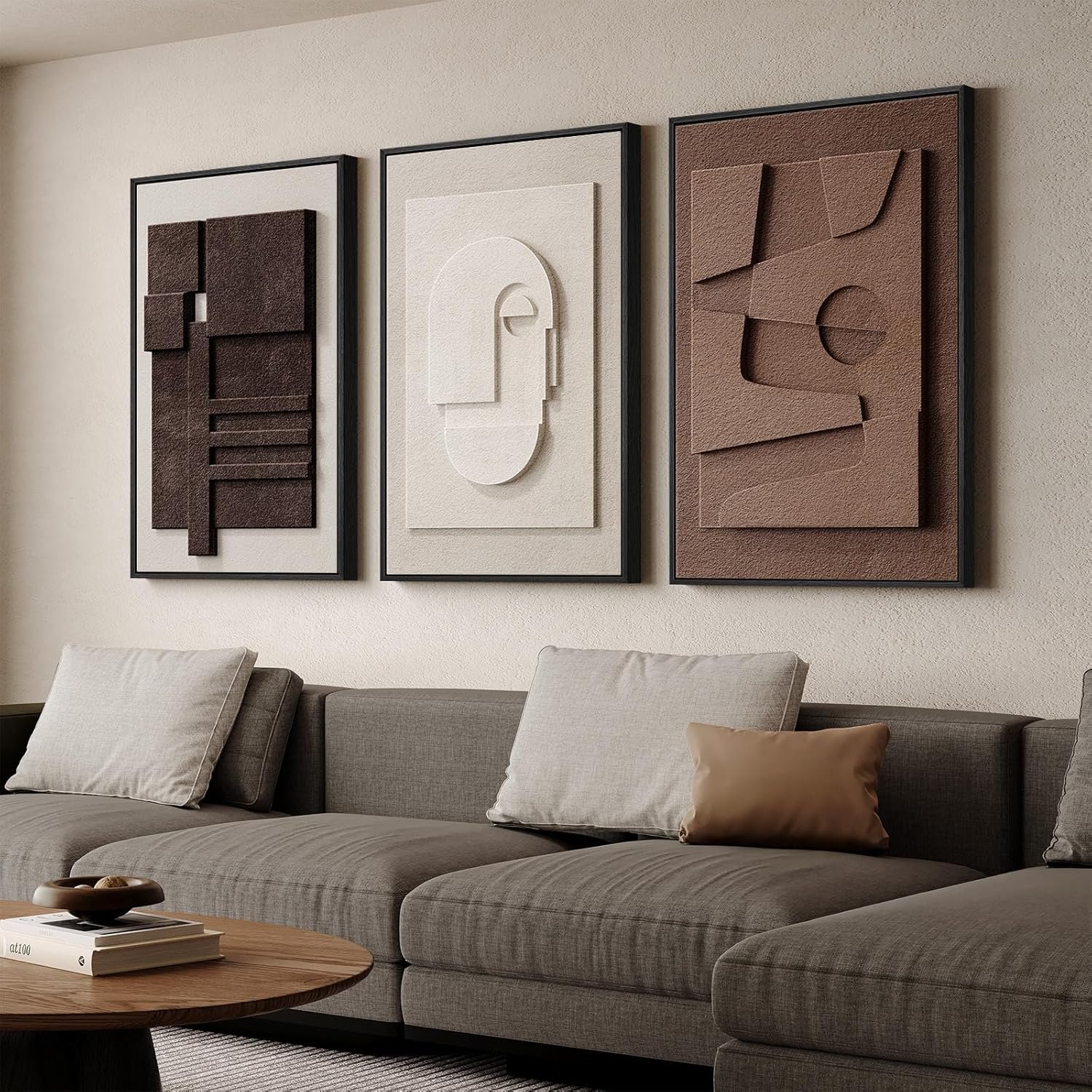 Large 3D Textured Framed Neutral Abstract Wall Art for Living Room, 3 Piece Modern Artwork for Walls, Minimalist White and Brown Geometric Wall Paintings for Hallway, Stair, Office Wall Decor 24×36 In