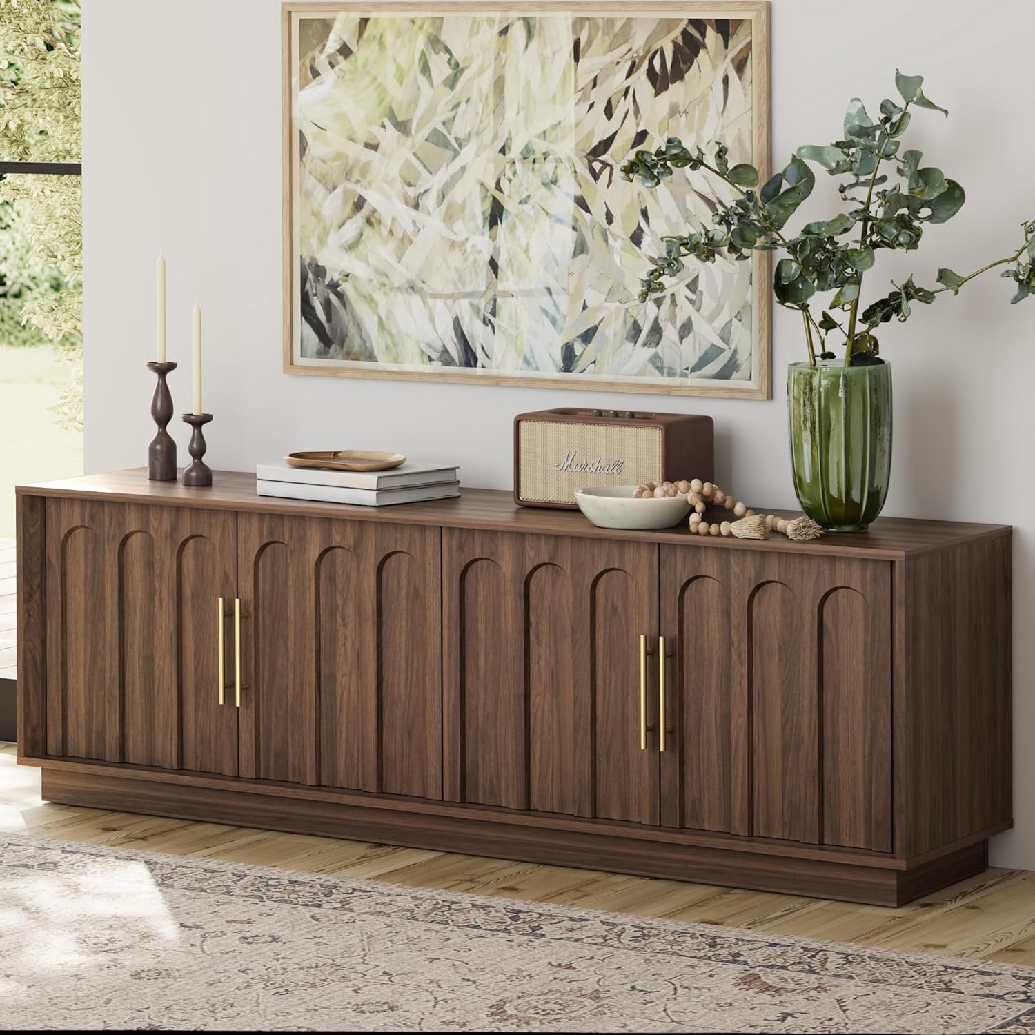 FORTUNETEC TV Stand for 75 Inch TV, Mid Century Modern TV Stand with Arched Design, Wood Grain Finish, Media Console with Adjustable Shelves, 67″ Entertainment Center for Living Room Bedroom, Walnut