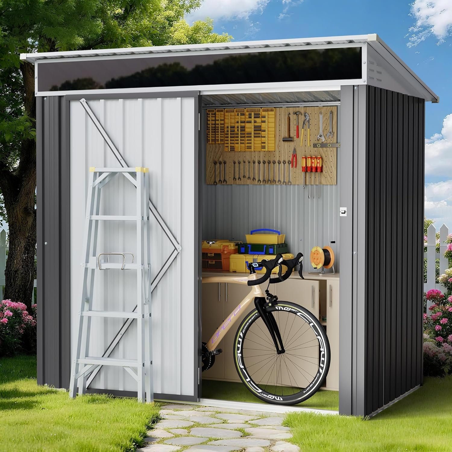 Shintenchi 6×4 FT Outdoor Storage Shed with Window, Outdoor Waterproof Storage Shed Metal Garden Shed with Lockable Single Door,Weather Resistant Tool Storage House Shed for Garden,Backyard,Steel Gray
