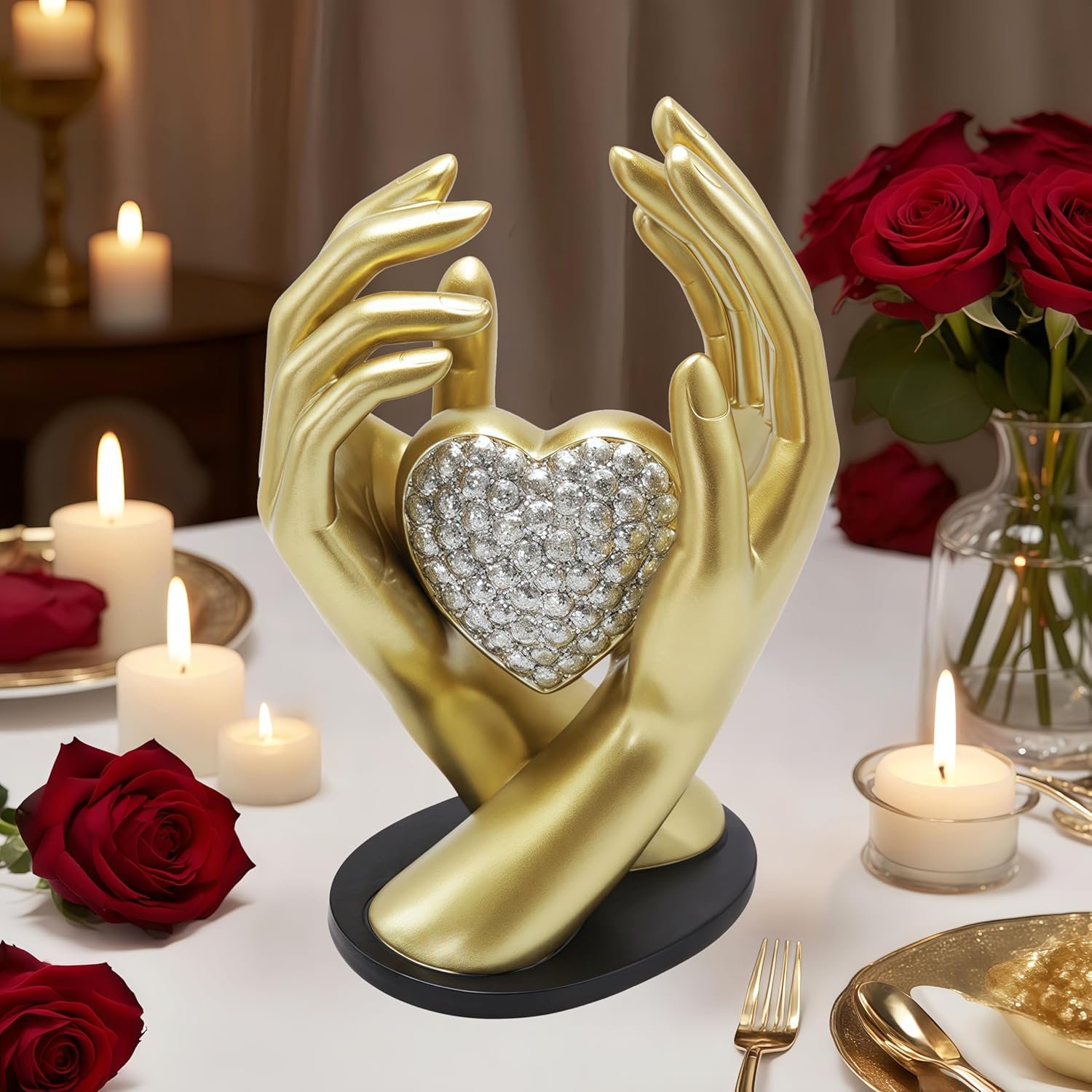 Wedding Couple Gifts,Table Statues Gold Home Decor Aesthetic Lover Figurine-Heart Hands Sculpture for Living Room Bedroom Shelf Office Decor,Anniversary Birthday Gifts for Women Men
