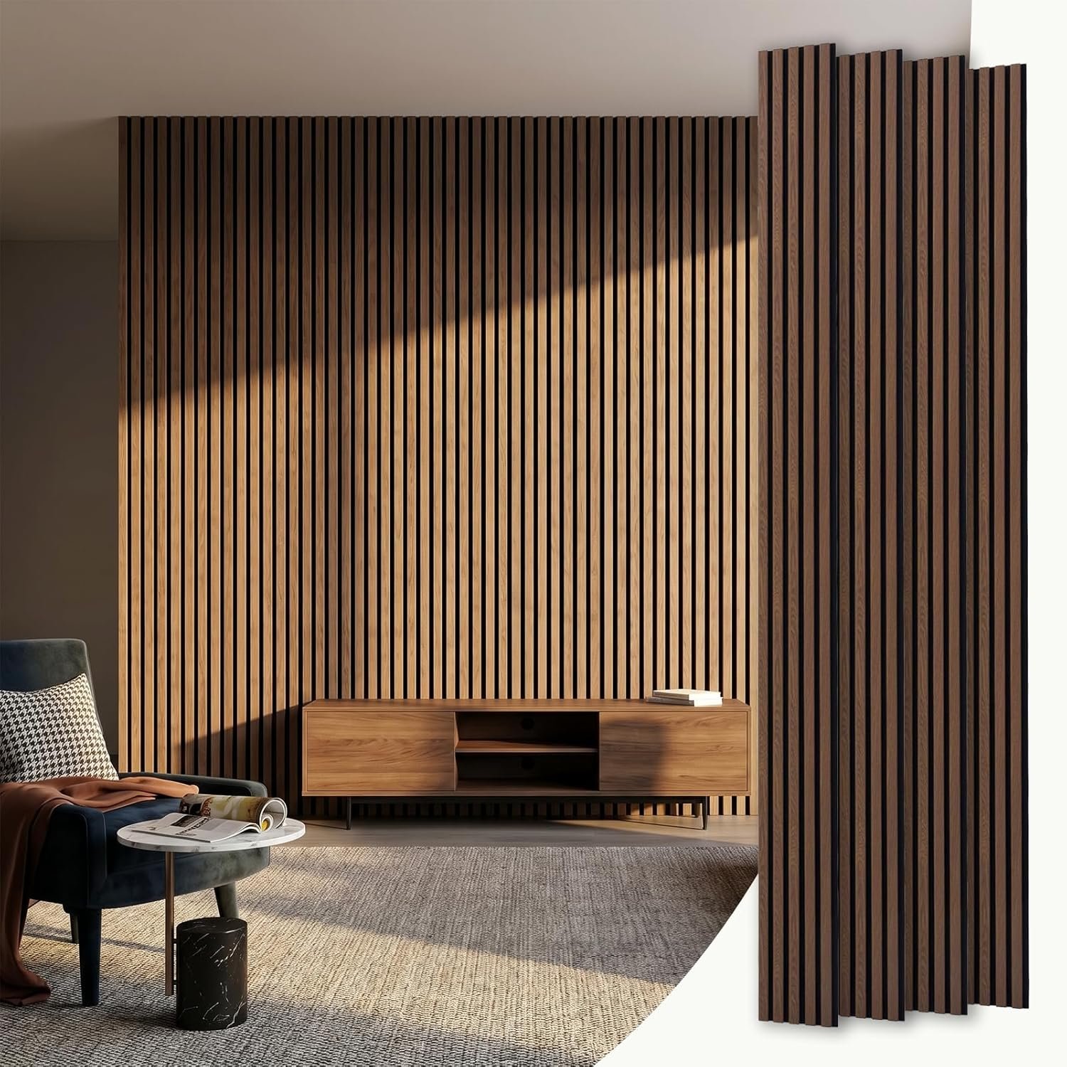 Wood Slat Acoustic Panels, 4 Pack 94.5″x7.9″ (21ft²) 3D Wall Panels, Modern Fluted Sound Absorbing Wall Panels for Interior Wall Decor,Office,Home,Theater,Studio,Walnut