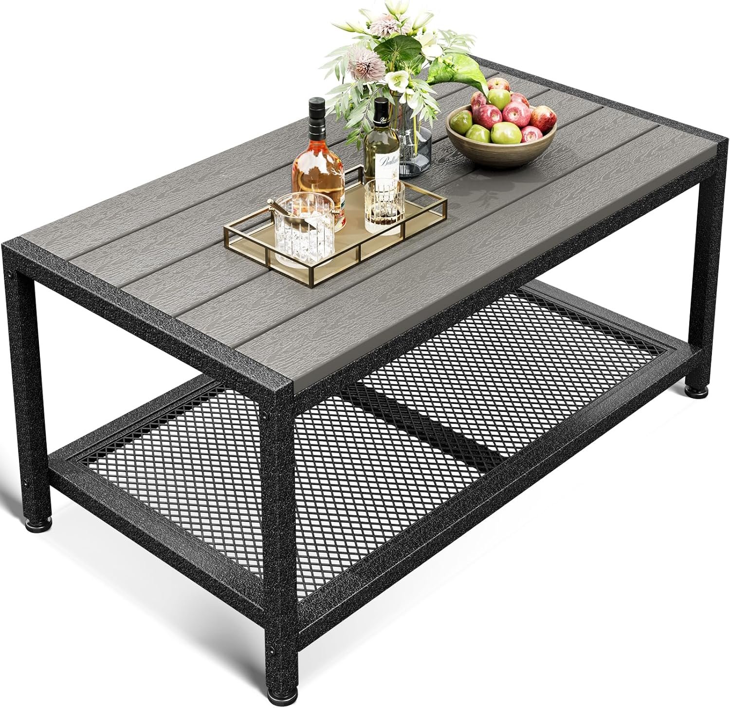 ODK Outdoor Coffee Table with Double-Layer Storage, Rectangle Weather-Resistant Patio Coffee Table for Garden, Balcony, Hot Tub, Poolside, Heavy-Duty Metal Frame, Grey