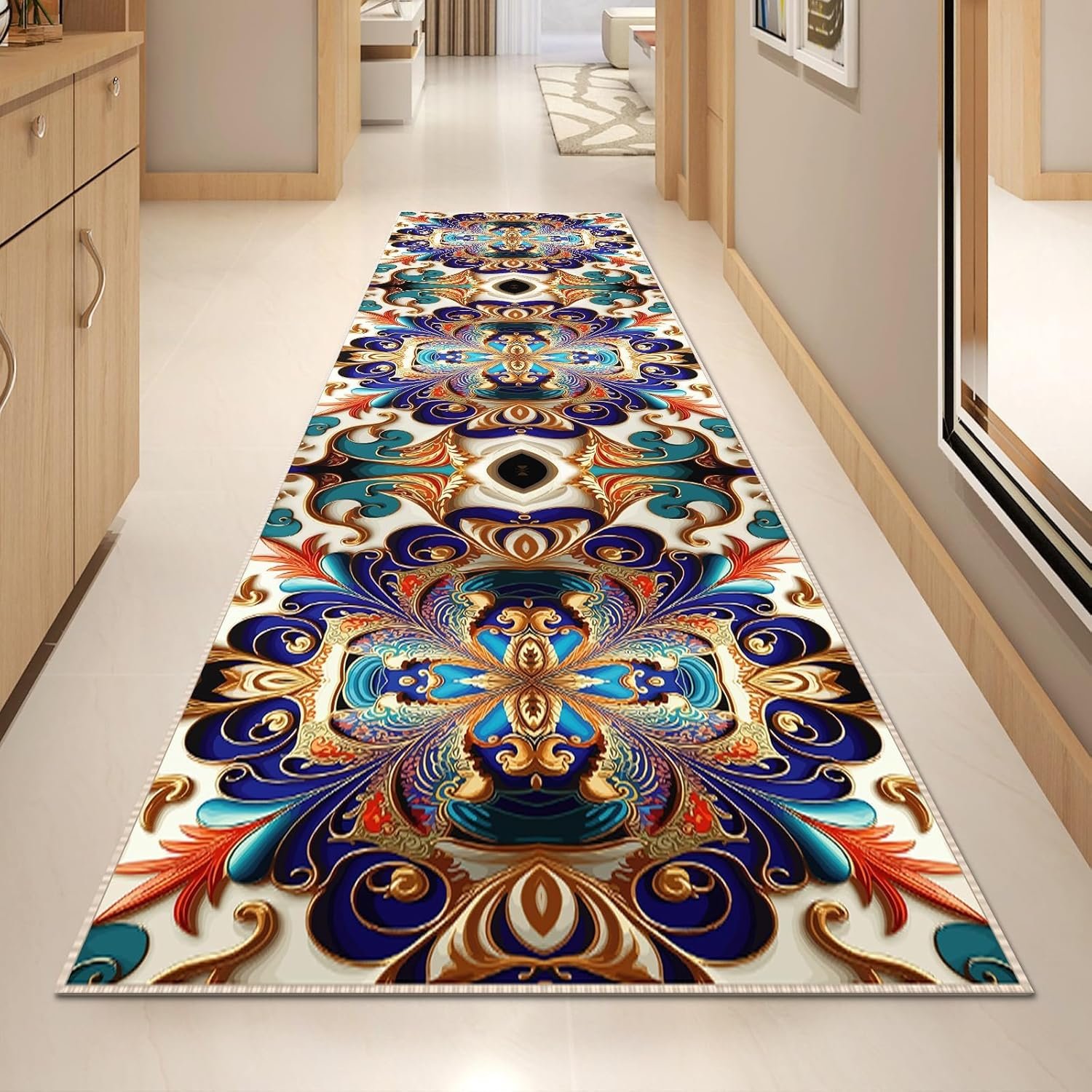 Washable Corridor Runner Rug, Non-Slip Vintage Hallway Rug Runner with Upgrade Rubber Backing, Stain Resistant Faux Wool Distressed Carpet for Bedroom Kitchen Laundry Corridor Balcony (94.5″ x 23.6″)
