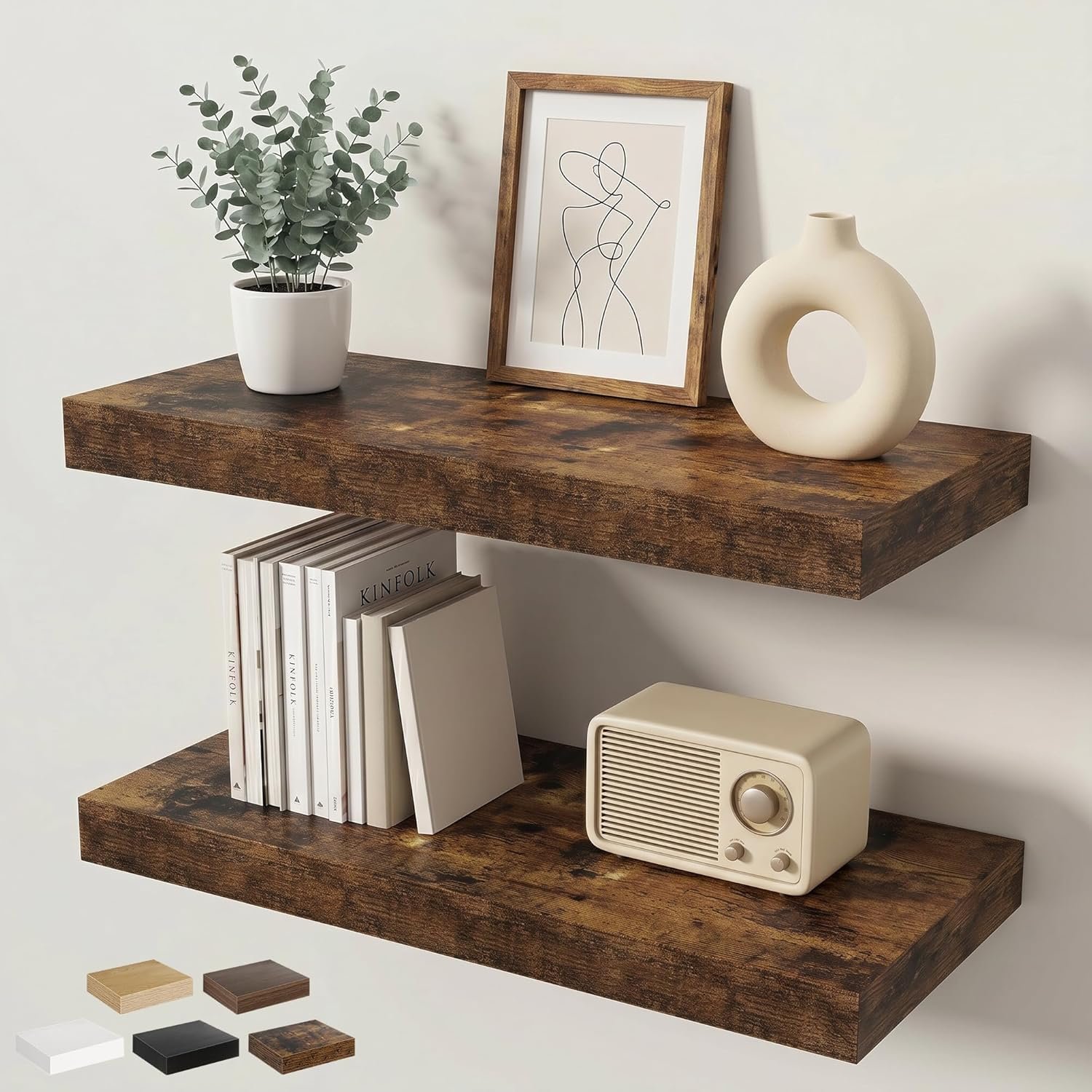 Floating Shelves for Wall 24 in x 9.3 in Deep, Wall Mounted Rustic Wood Shelf with Invisible Brackets for Storage & Display, Living Room Bedroom Bathroom, Brown, 2 Pack