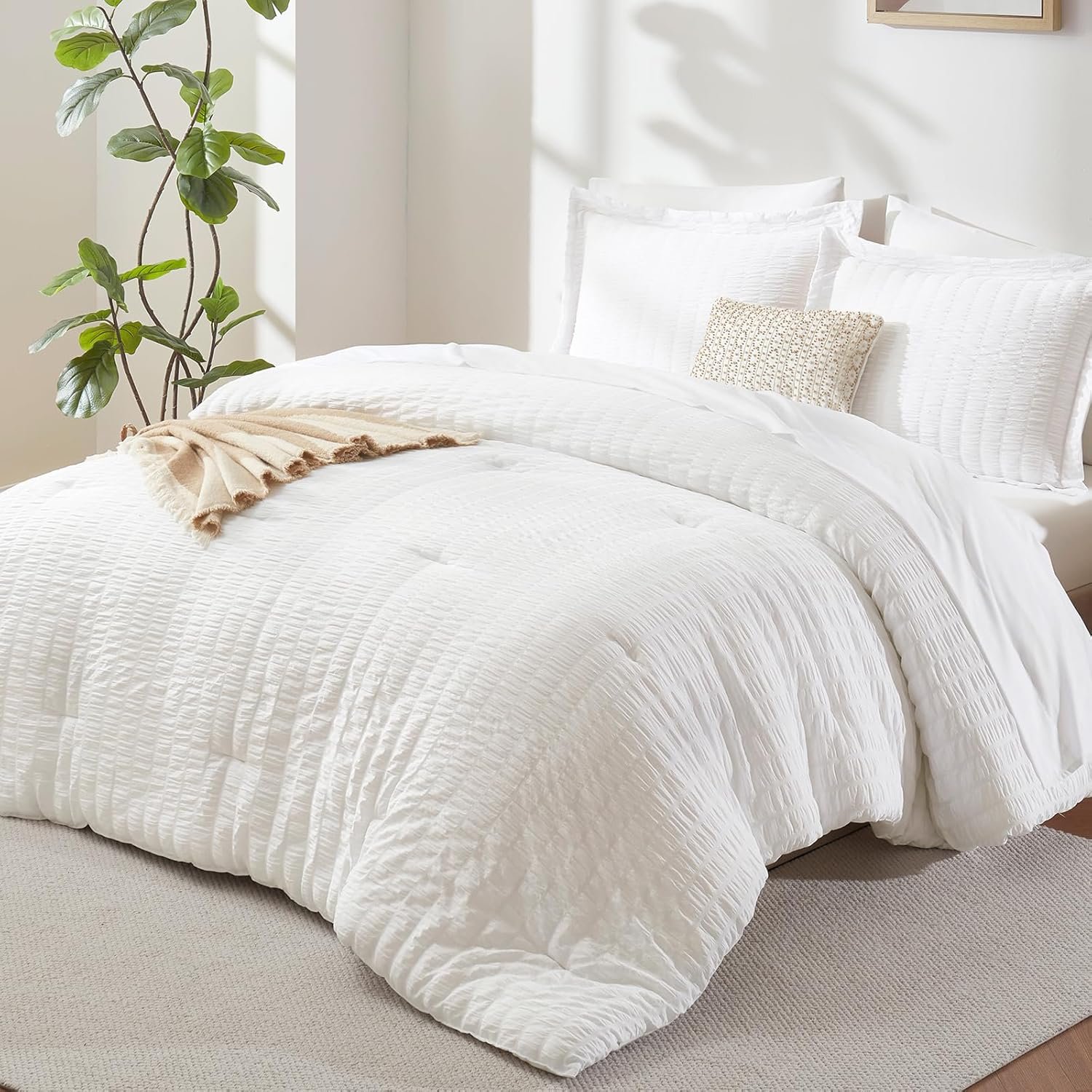 CozyLux Queen Comforter Set White, 7 Pieces Seersucker Textured Luxury Bed in a Bag Queen, All Seasons Soft Bedding Sets with Down Alternative Comforter, Sheets, Pillowcases & Shams, Home Gift