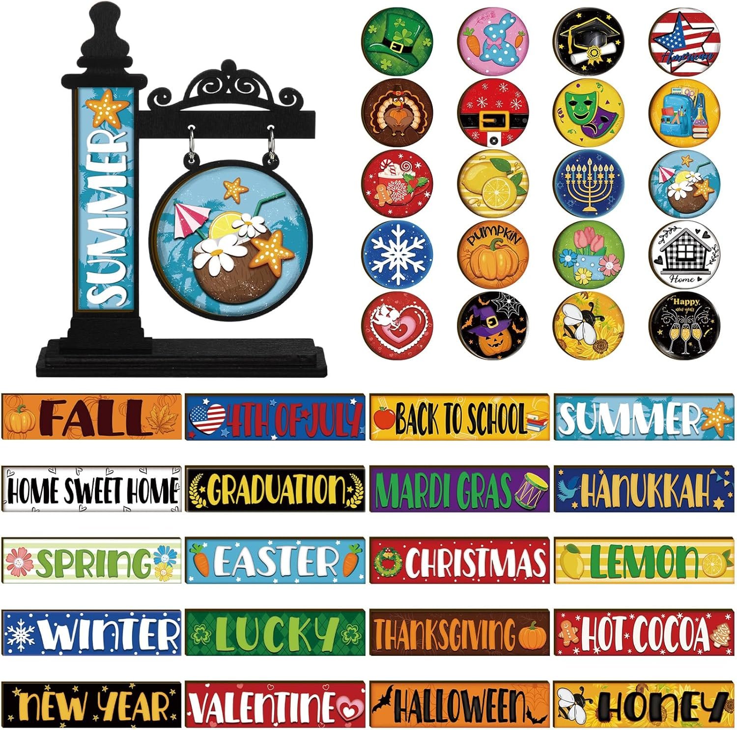 RattanView 41 Pcs Interchangeable Seasonal Decor Mini Standing Sign Farmhouse Convertible Holiday Wood Welcome Sign for Summer 4th of July Home Sweet Home Table Decor(Black)
