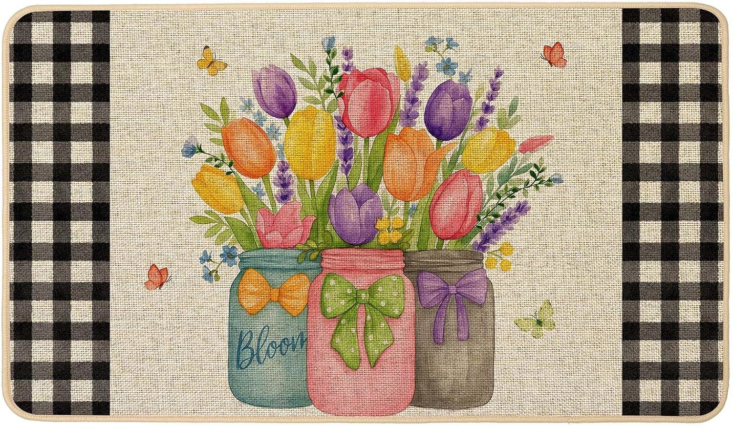 Baccessor Spring Floral Black Door Mat Tulips Butterfly Decorative Outdoor Mat Buffalo Plaid Checkered Non Slip Rubber Backing for Entrance Seasonal Outside Indoor Front Kitchen Decortion 17 x 29 Inch