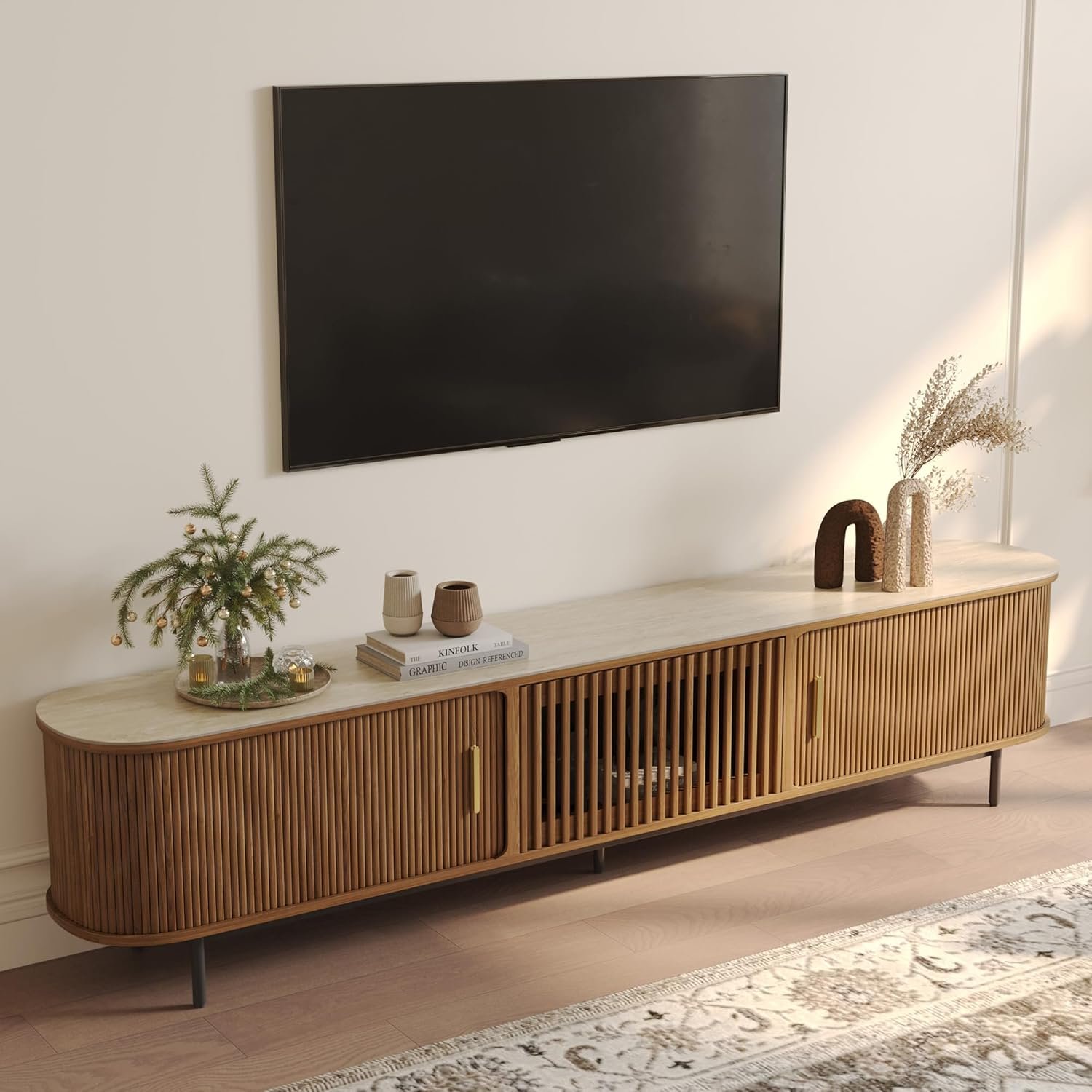 POVISON Fully-Assembled Sliding Tambour Door TV Stand, Mid Century Modern Sintered Stone TV Console, Wood Media Console for 85 Inch TV, Entertainment Center with Storage Cabinet(Walnut, 94.49″)