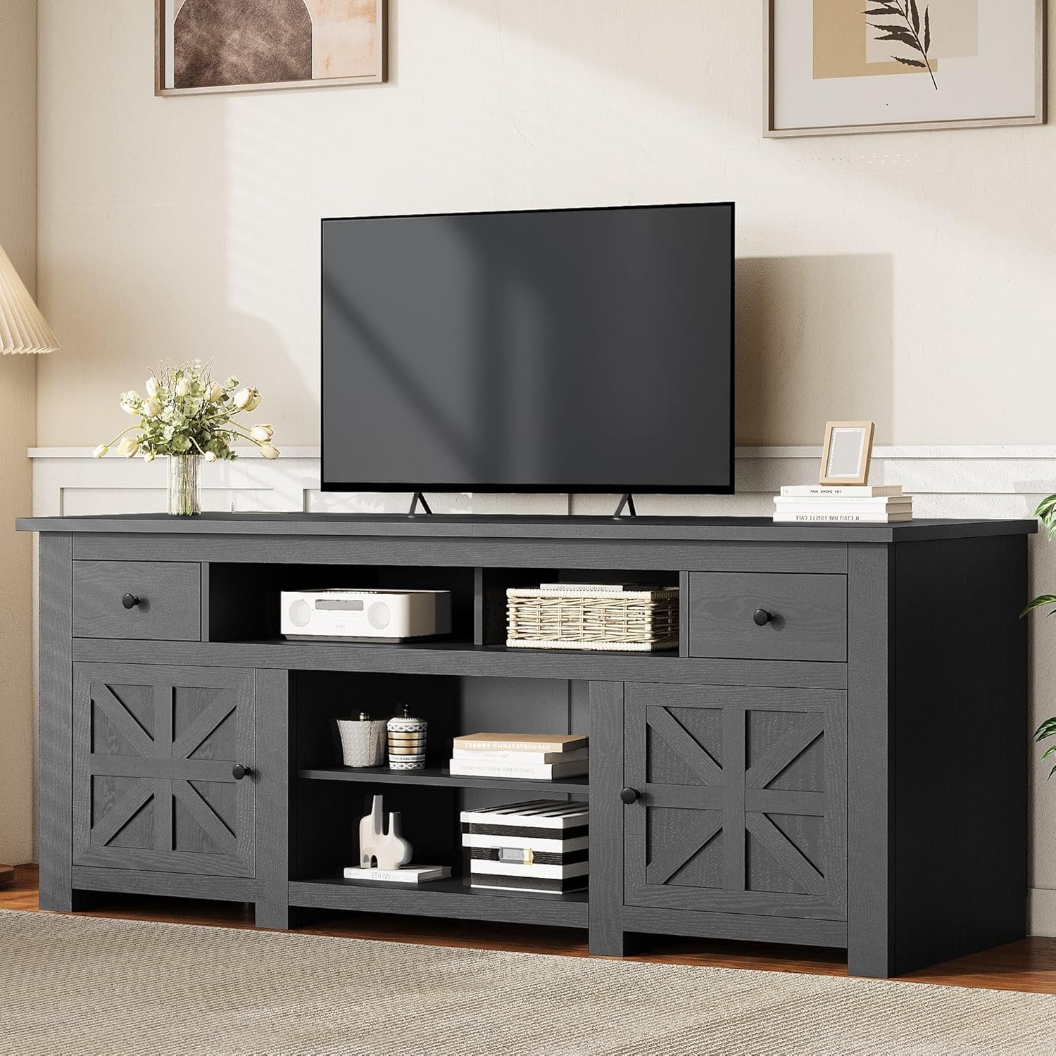 YITAHOME TV Stand for 75/80 Inch TV, Entertainment Center, TV Cabinet with Drawers and Power Outlet, Black TV Console for Living Room Furniture (70 Inch Lenght 30 Inch High)