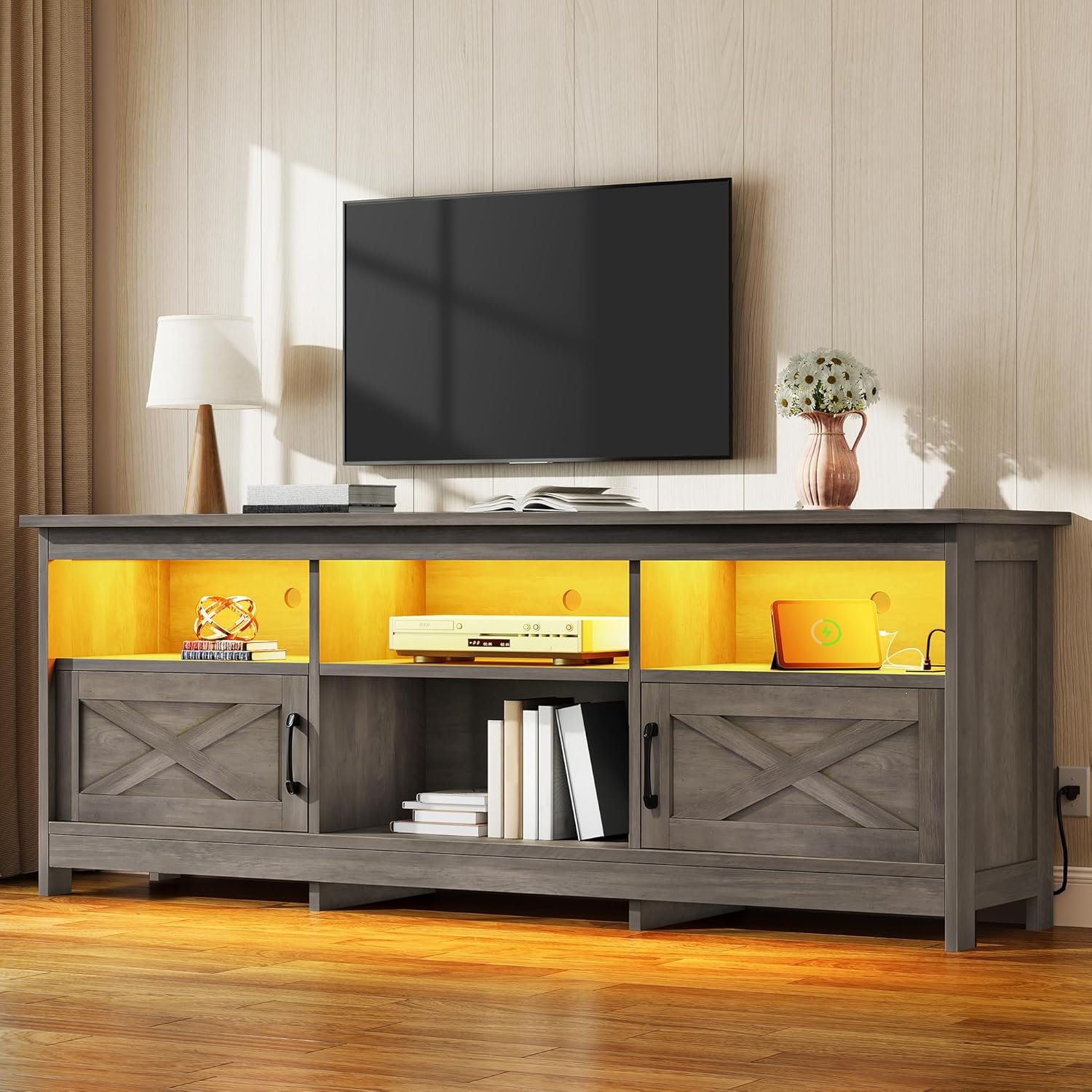 YITAHOME TV Stand for 80/75/70 Inch TVs, Farmhouse Entertainment Center with LED Lights & Storage Cabinets, Open Shelves & Adjustable Shelf, TV Consoles for Living Room, Washed Gray