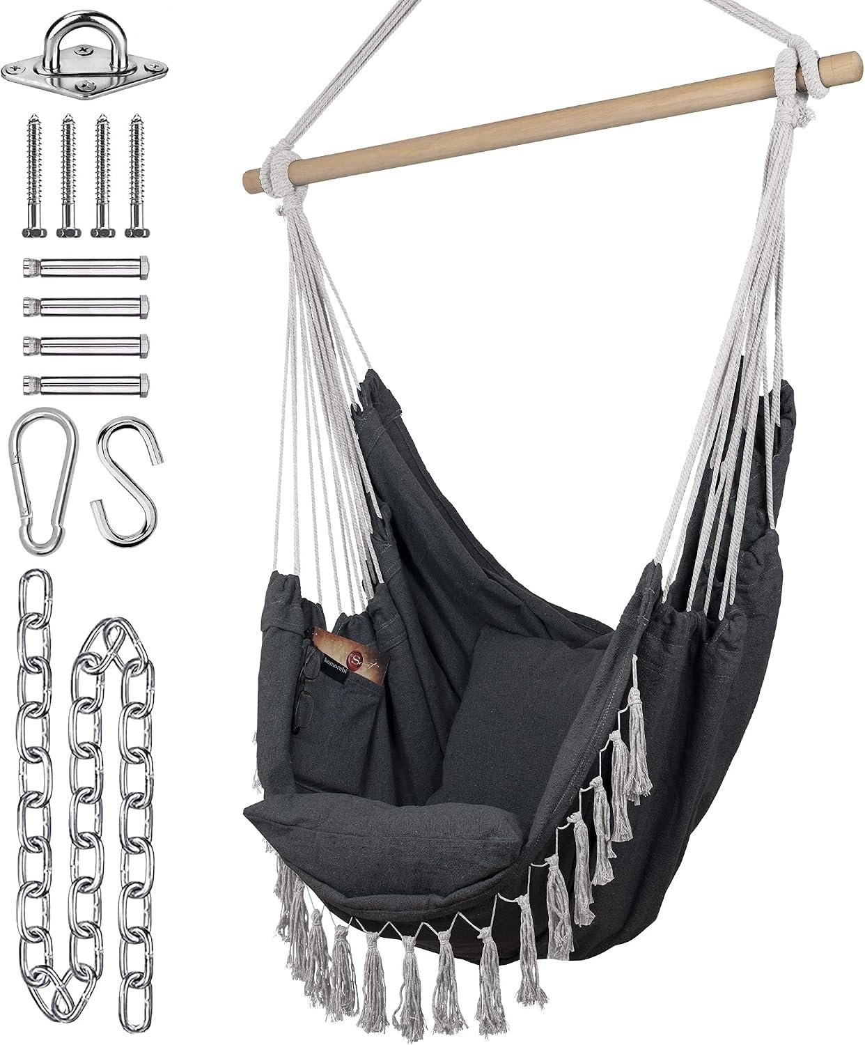 KOMOREBI Hammock Chair – Grey – 60″ x 47″ – Hanging Rope Swing for Indoor & Outdoor – Soft & Durable Cotton Canvas – 2 Cushions Included – Large Macrame Hanging Chair for Bedroom, Patio, Porch