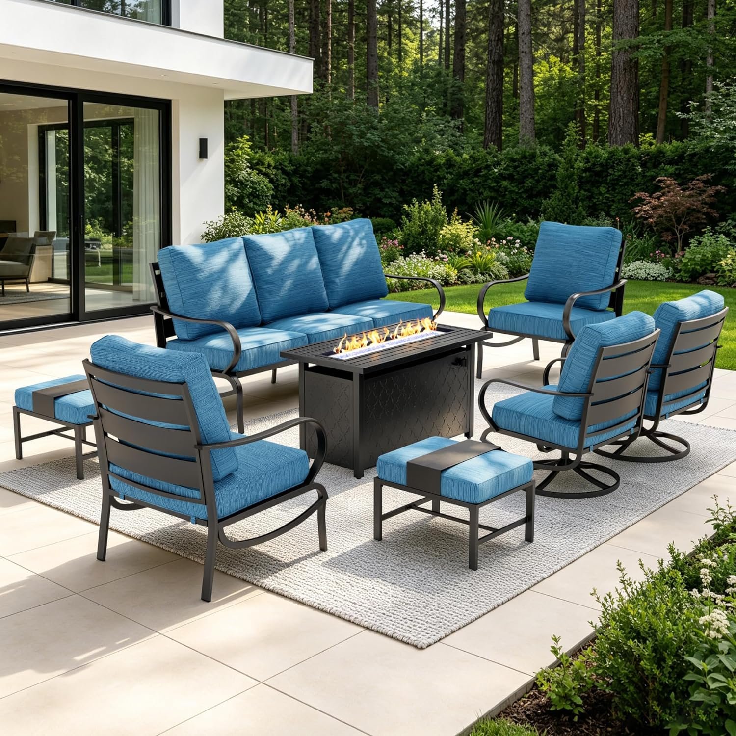 Sophia & William Patio Furniture Sets for 9 with 45″ Gas Fire Pit Table Outdoor Conversation Sets, 2xSofa Chairs, 2xSwivel Cushion Chairs, 1×3-Seat Sofa, 2xOttomans for Porch Poolside Peacock Blue